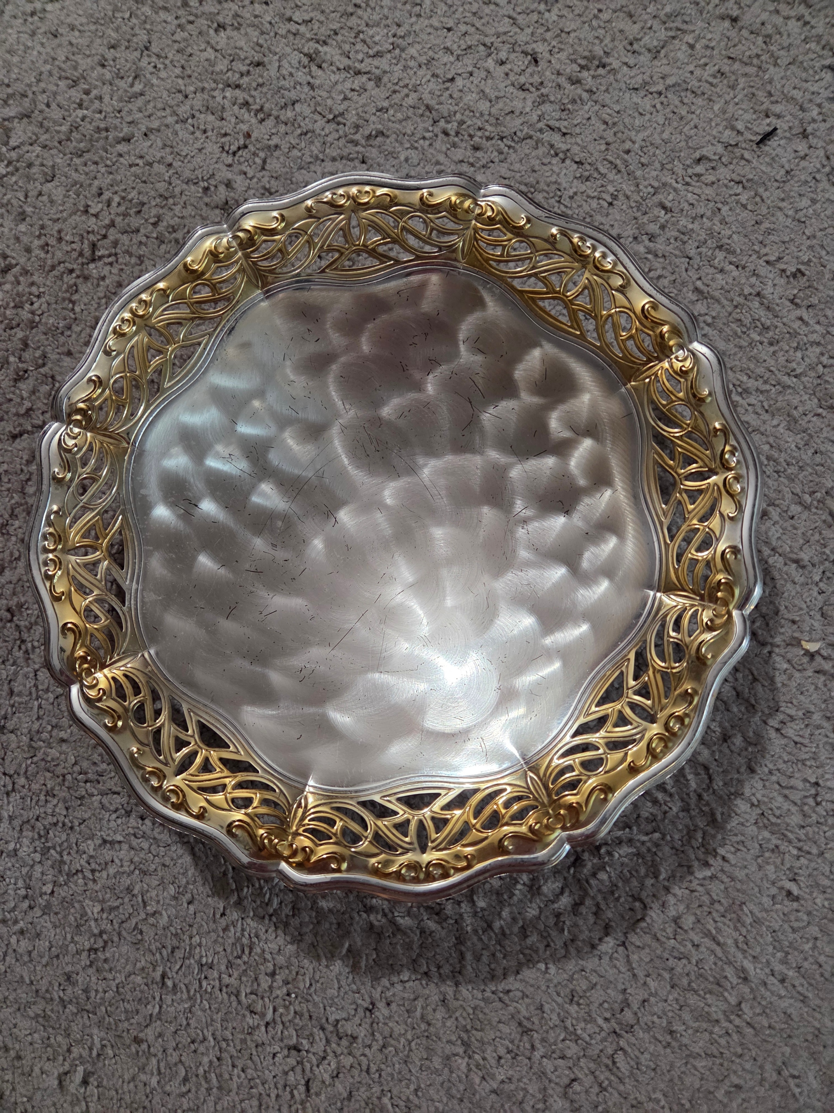 Vintage Silver-Plated Footed Tray, Gold Pierced Rim Ornate 9.25"