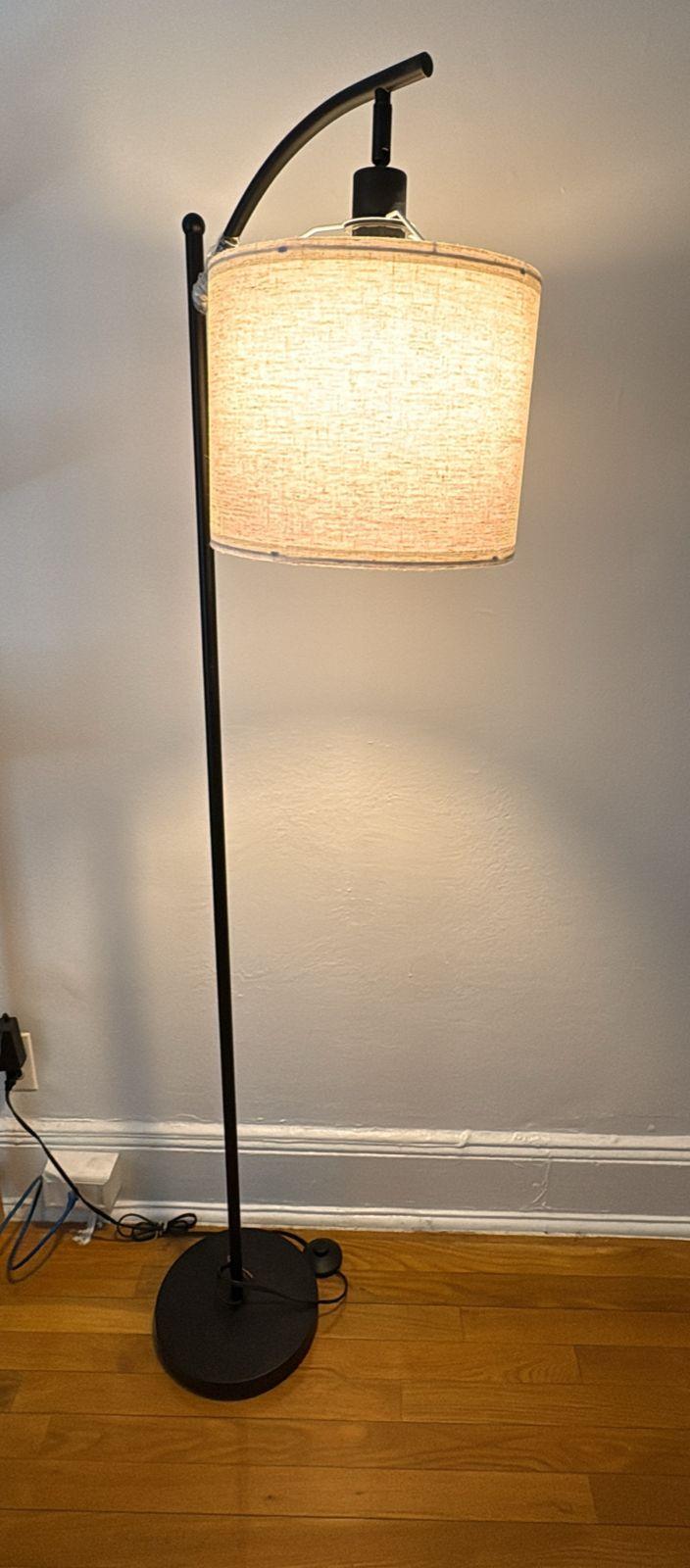 Black Arc Floor Lamp with Linen Shade
