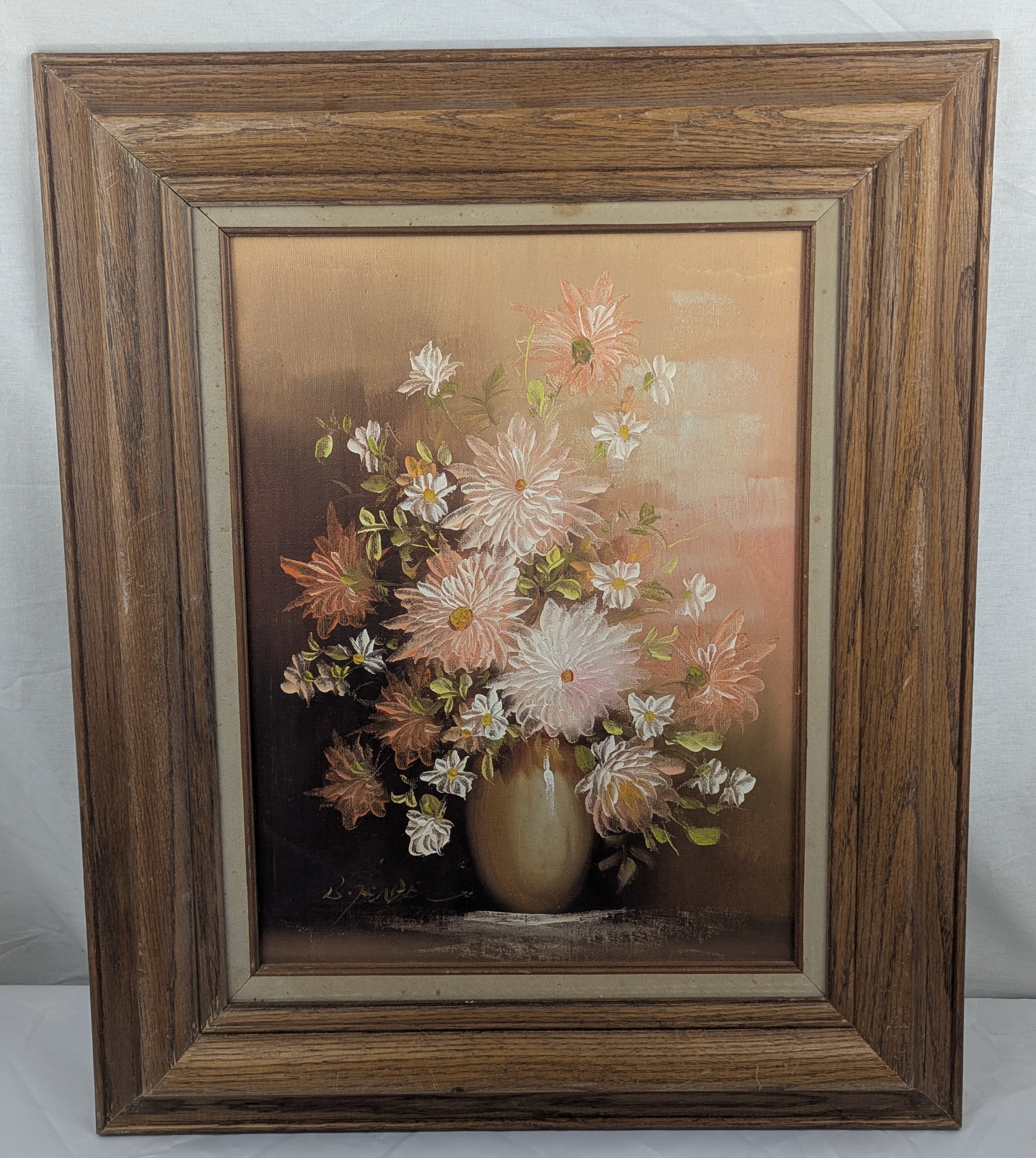 Framed Oil Painting Still Life of Flowers in Vase Signature