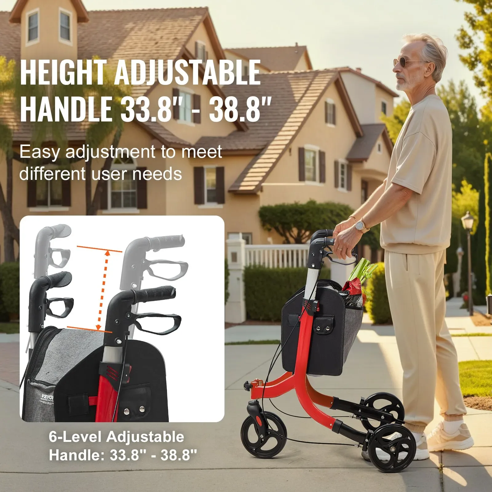 Red VEVOR 3-Wheel Walker with Bag - photo 2