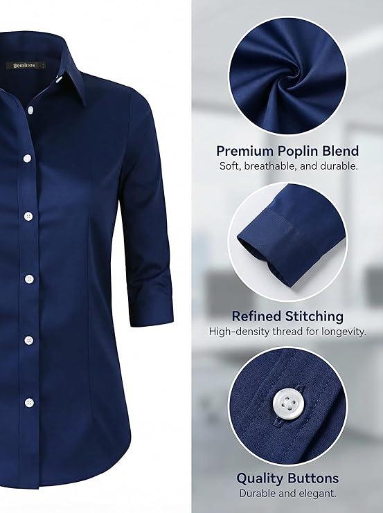 Women's 3/4 Sleeve Navy Blue Formal Wear White Button Down Shirt - photo 5