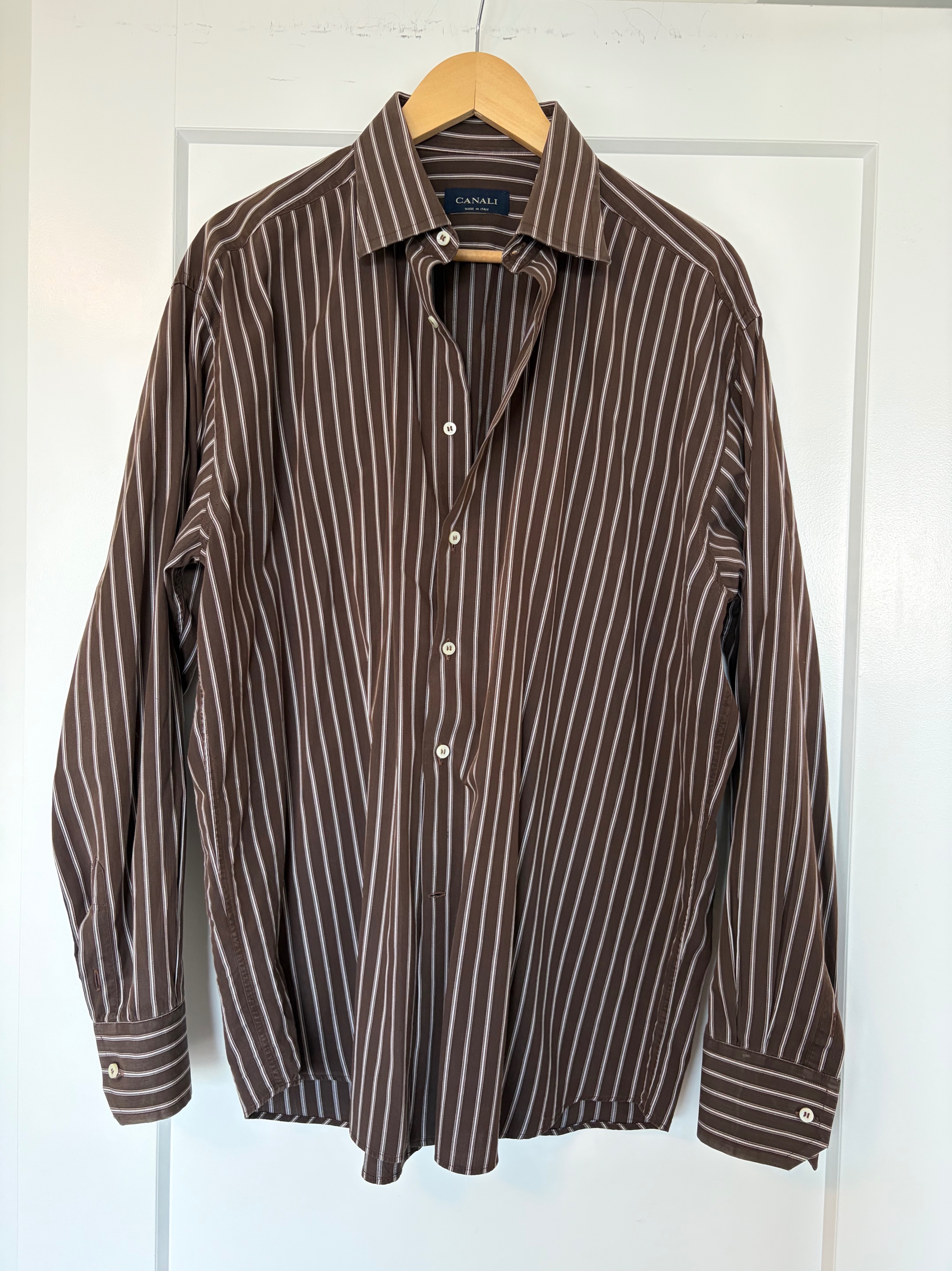 Canali Made in Italy Dress Shirt Size 43/17 Brown & White Stripe