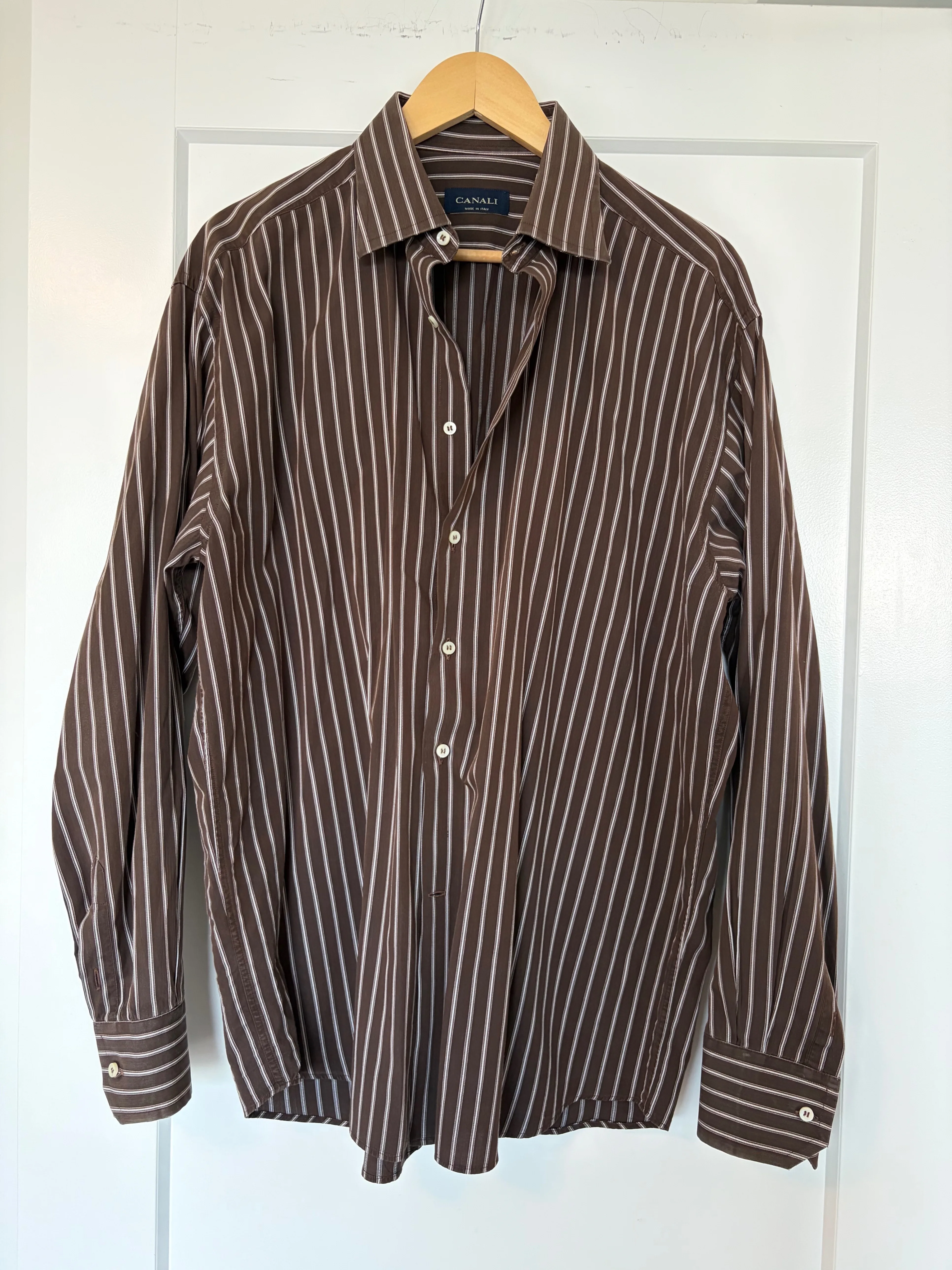 Canali Made in Italy Dress Shirt Size 43/17 Brown & White Stripe
