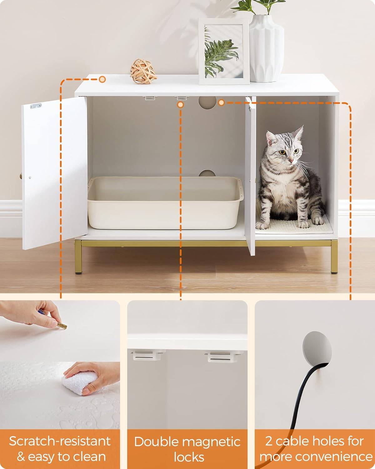 White Hidden Litter Box Enclosure with Gold Legs