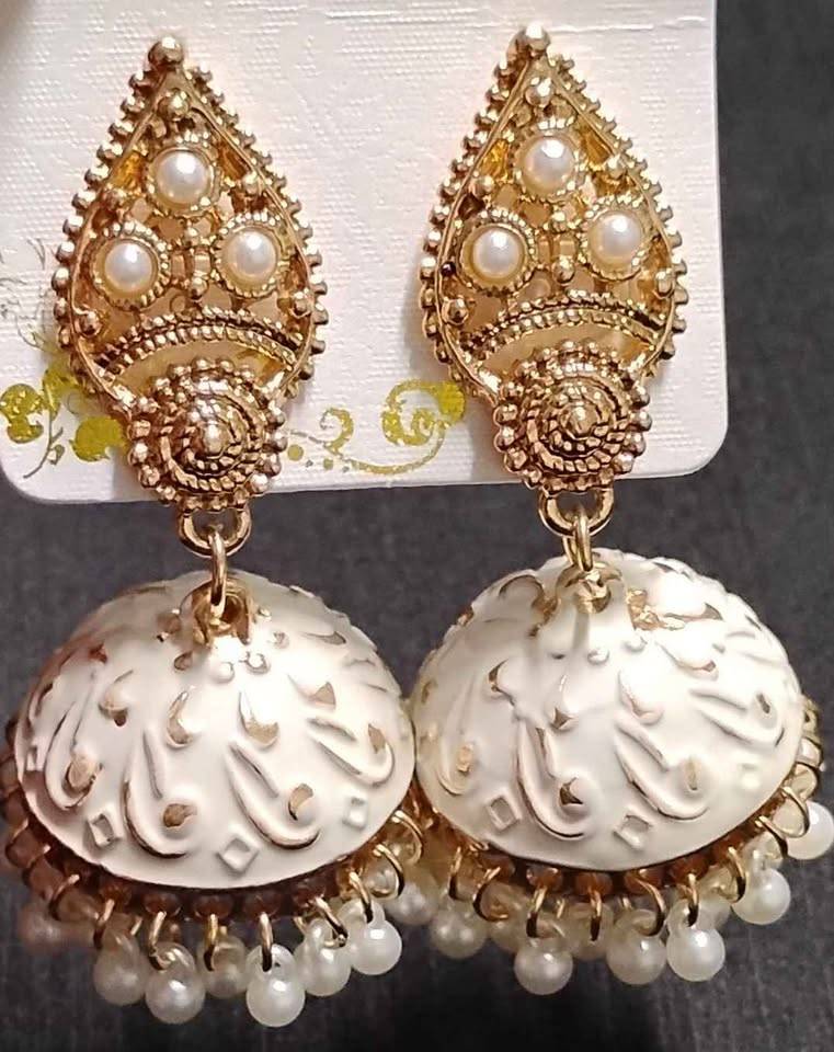 White and Golden Jhumka Earrings with Pearls