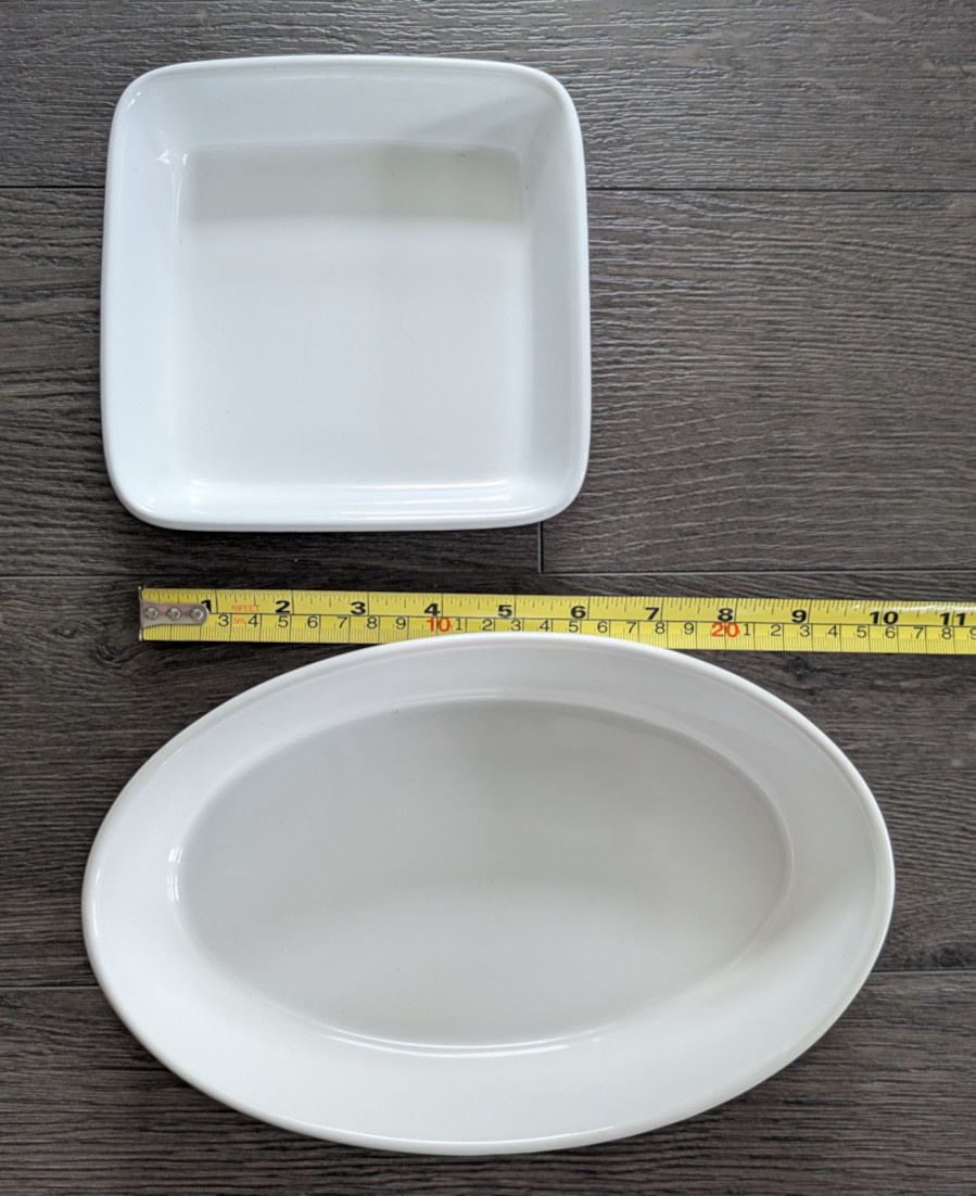 Oval bowl (24cm x 16cm x 6cm) & plate, ~15cm side (porcelain)