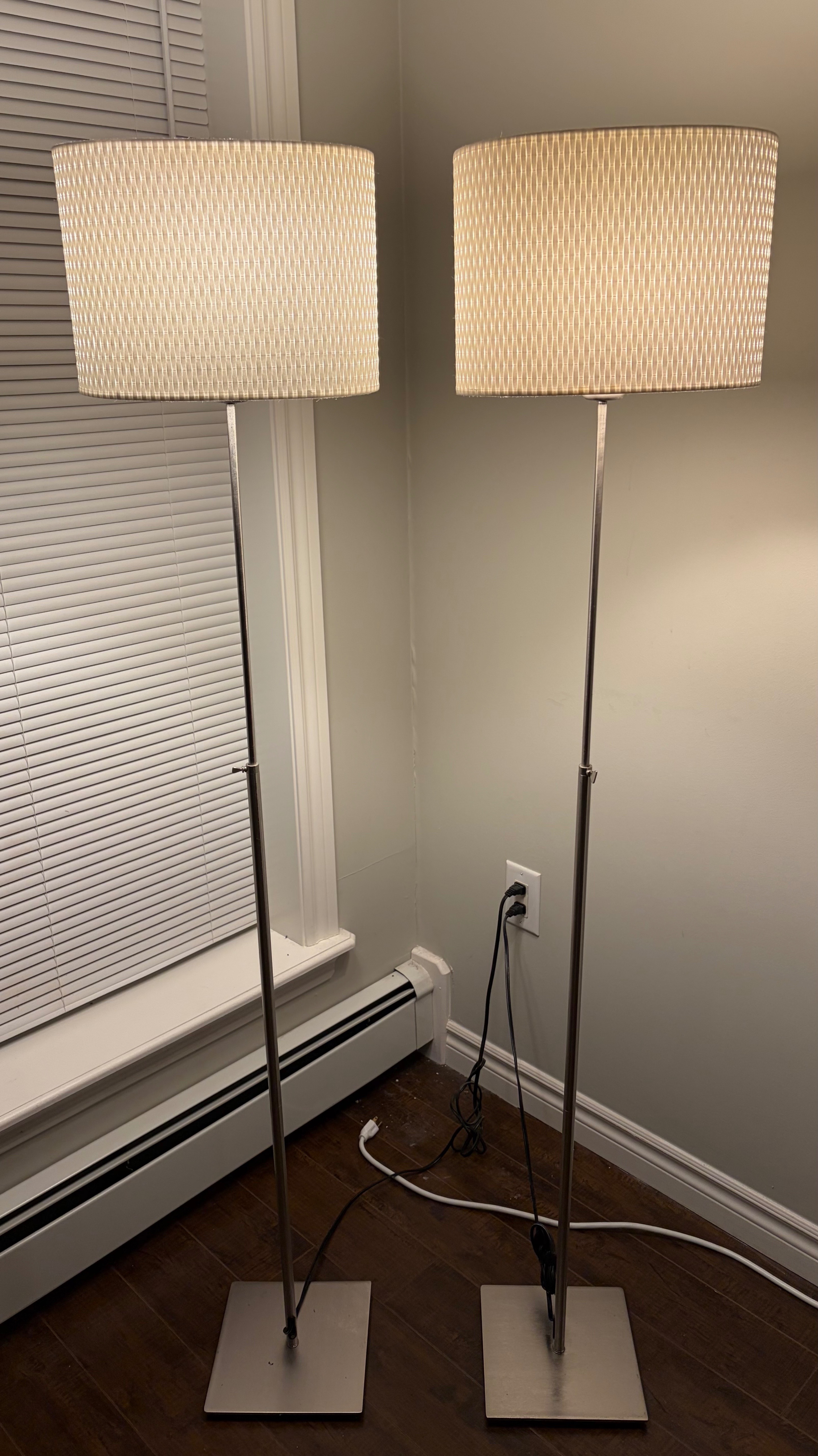 IKEA ALANG Floor Lamps Pair White Shades Silver Base - PAIR
