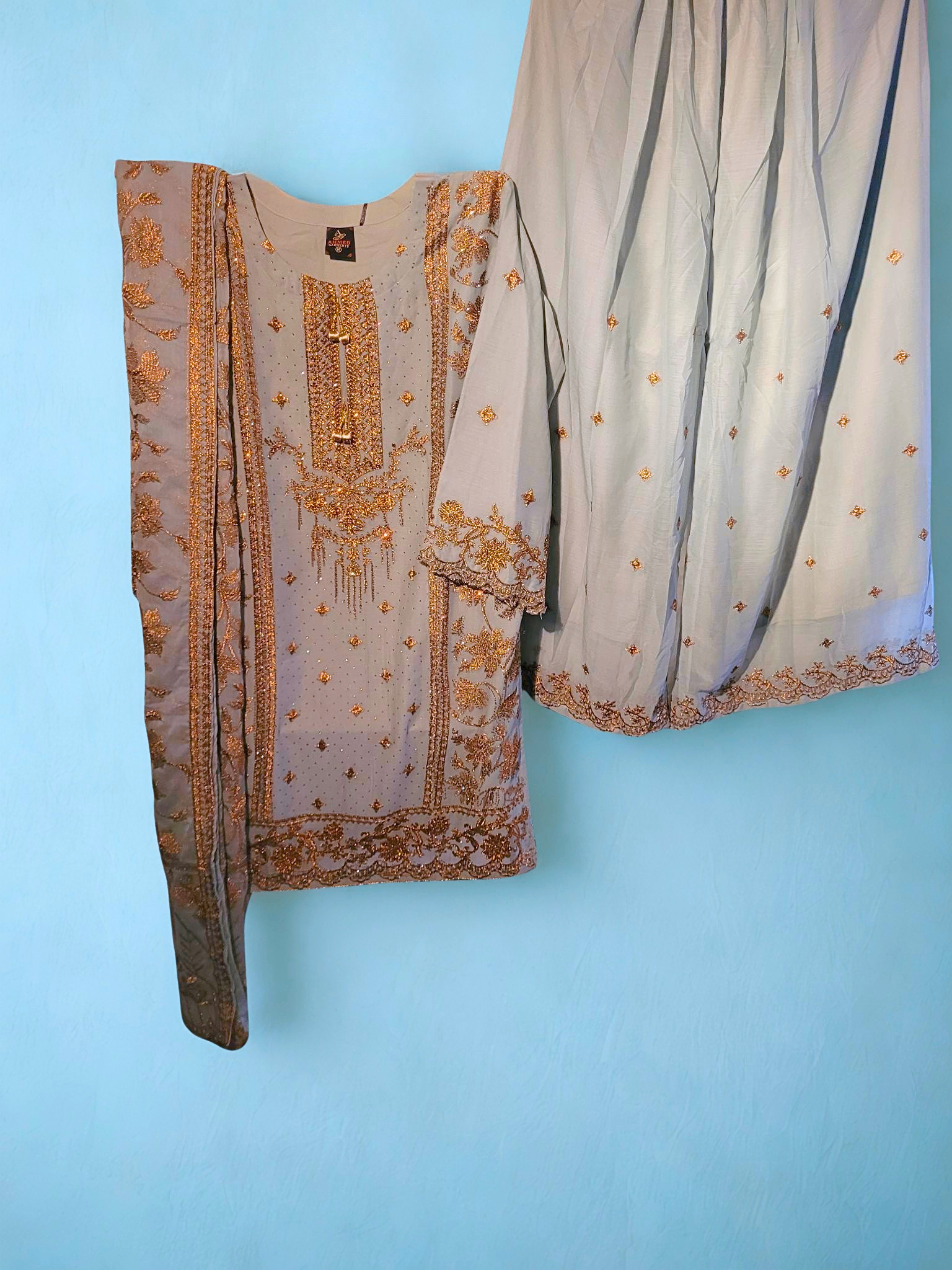 Embroidered Grey Kurti and Palazzo Pants Set