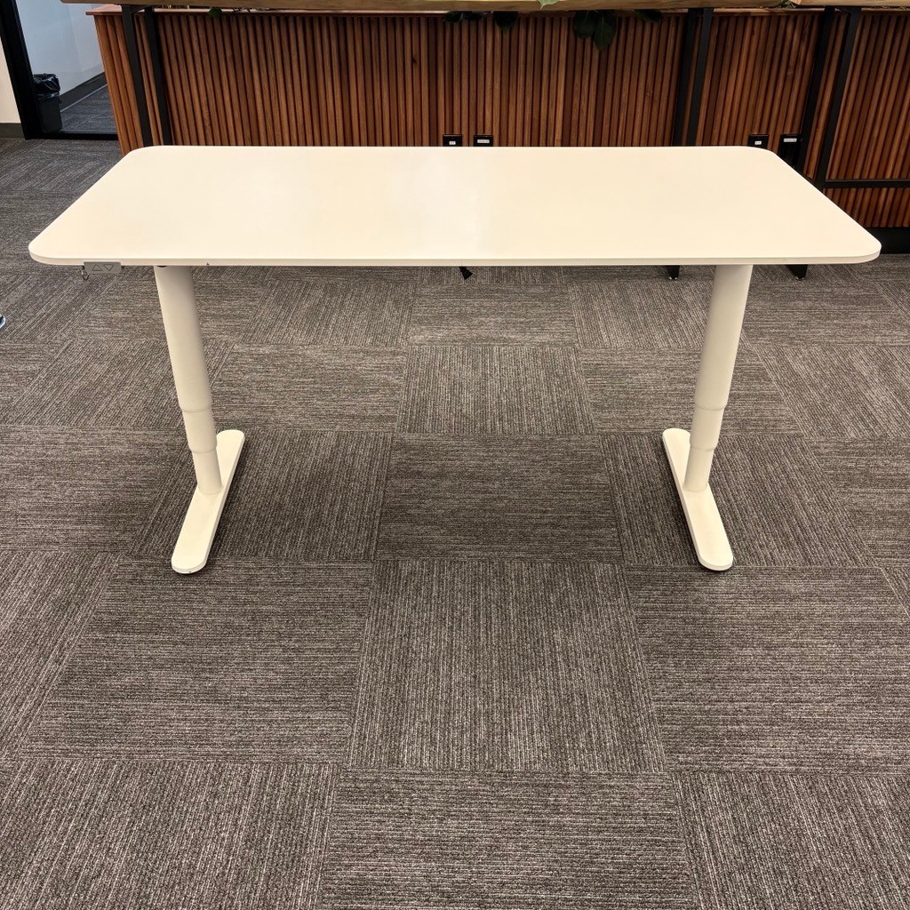 White Adjustable Sit-Standing Desk with Grey Mesh Storage