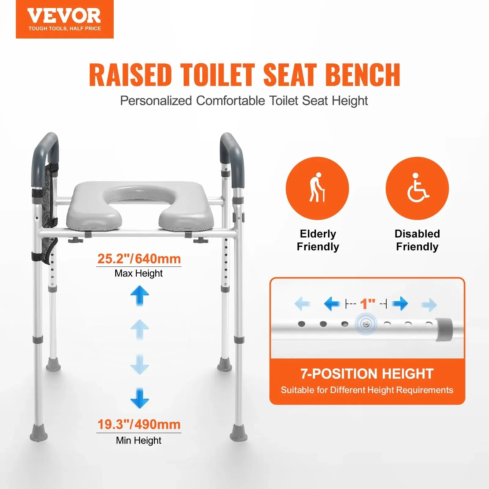 VEVOR Raised Toilet Seat, 7-Position Height Adjustment