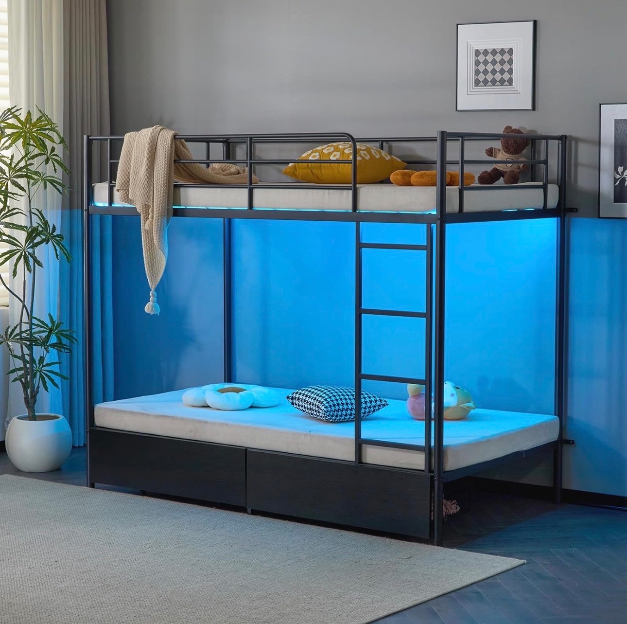 Bunk Bed Twin USB charging 2 Storage Drawers Safety Guardrail