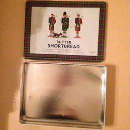 Empty Butter Shortbread Tin with Bagpiper Tartan Motif