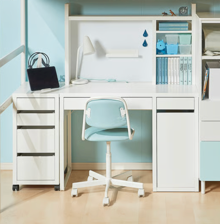 IKEA MICKE Desk w extra filing cabinet, add on unit-high