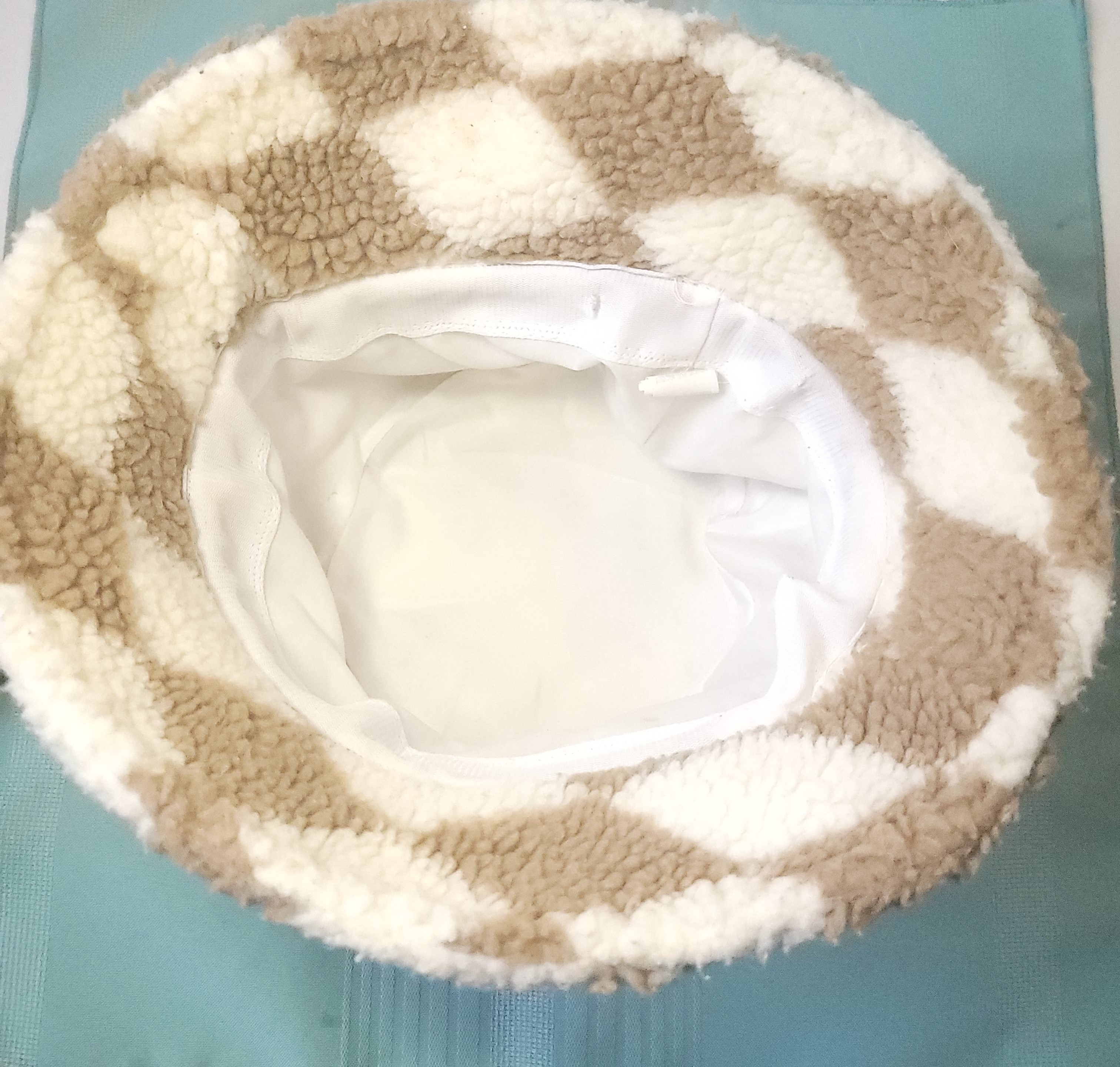 Coco Carmen Beige Checkered Sherpa Bucket Hat Tan White Plush - photo 5