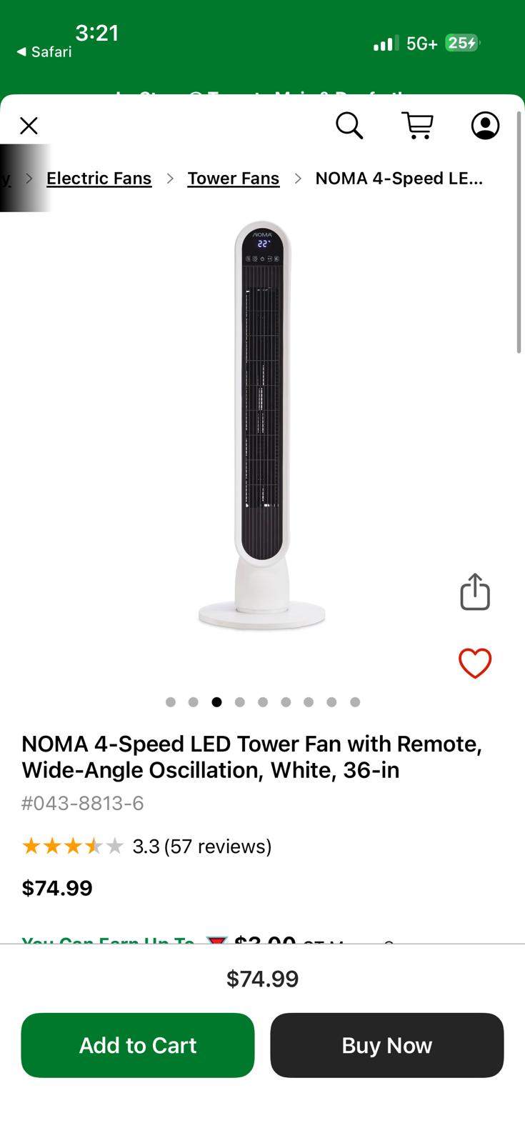 NOMA 36" 4-Speed LED Tower Fan with Remote