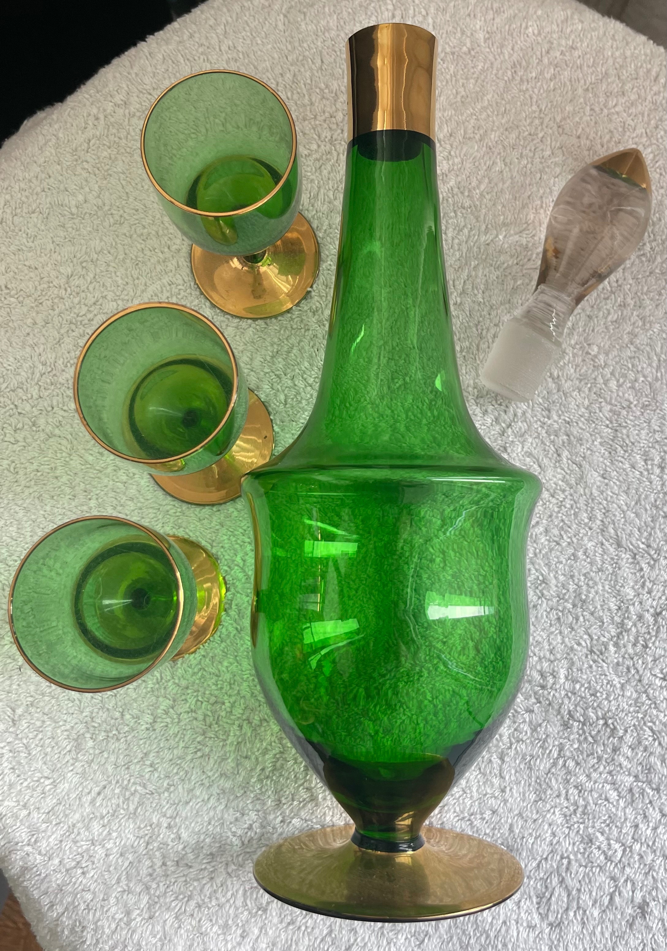 Emerald Green & Gold Decanter + 3 Cordial/Liqueur Glasses - photo 3