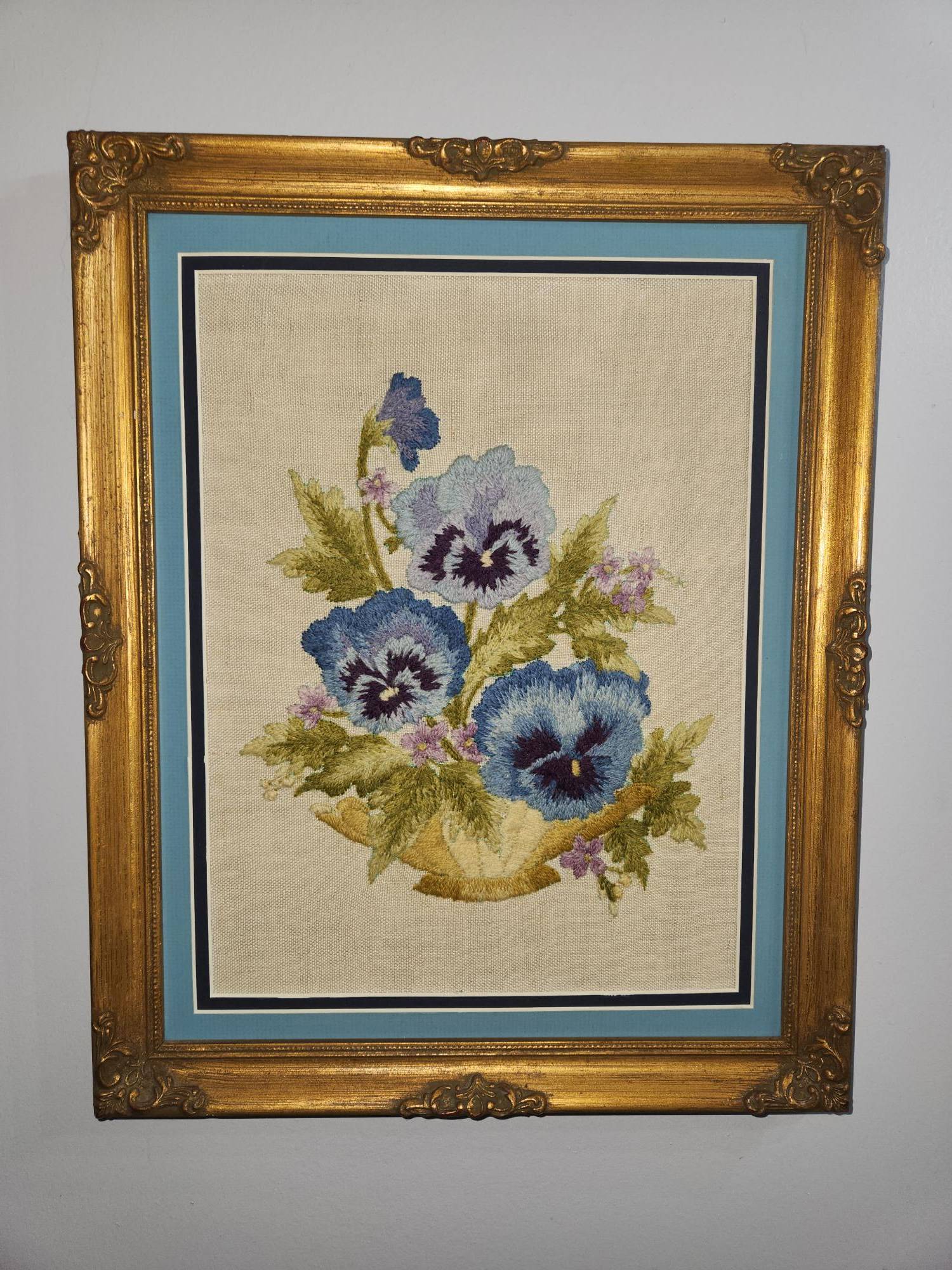 Vintage Floral Needlepoint Art in Gold Ornate Frame 16"x13"