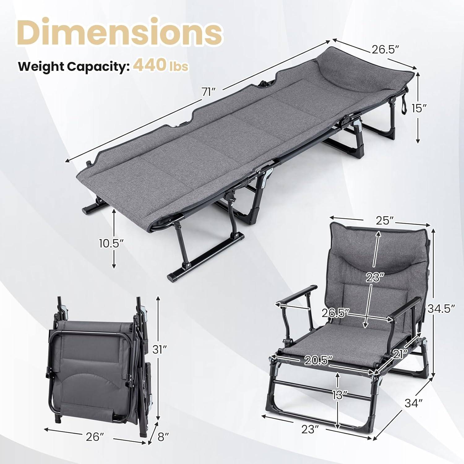 3-in-1 Folding Camping Cot / Adjustable Chaise Lounge Chair - photo 2