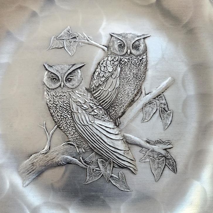 Vintage Wendell August Forge Hammered Tray, Great Horned Owls - photo 2