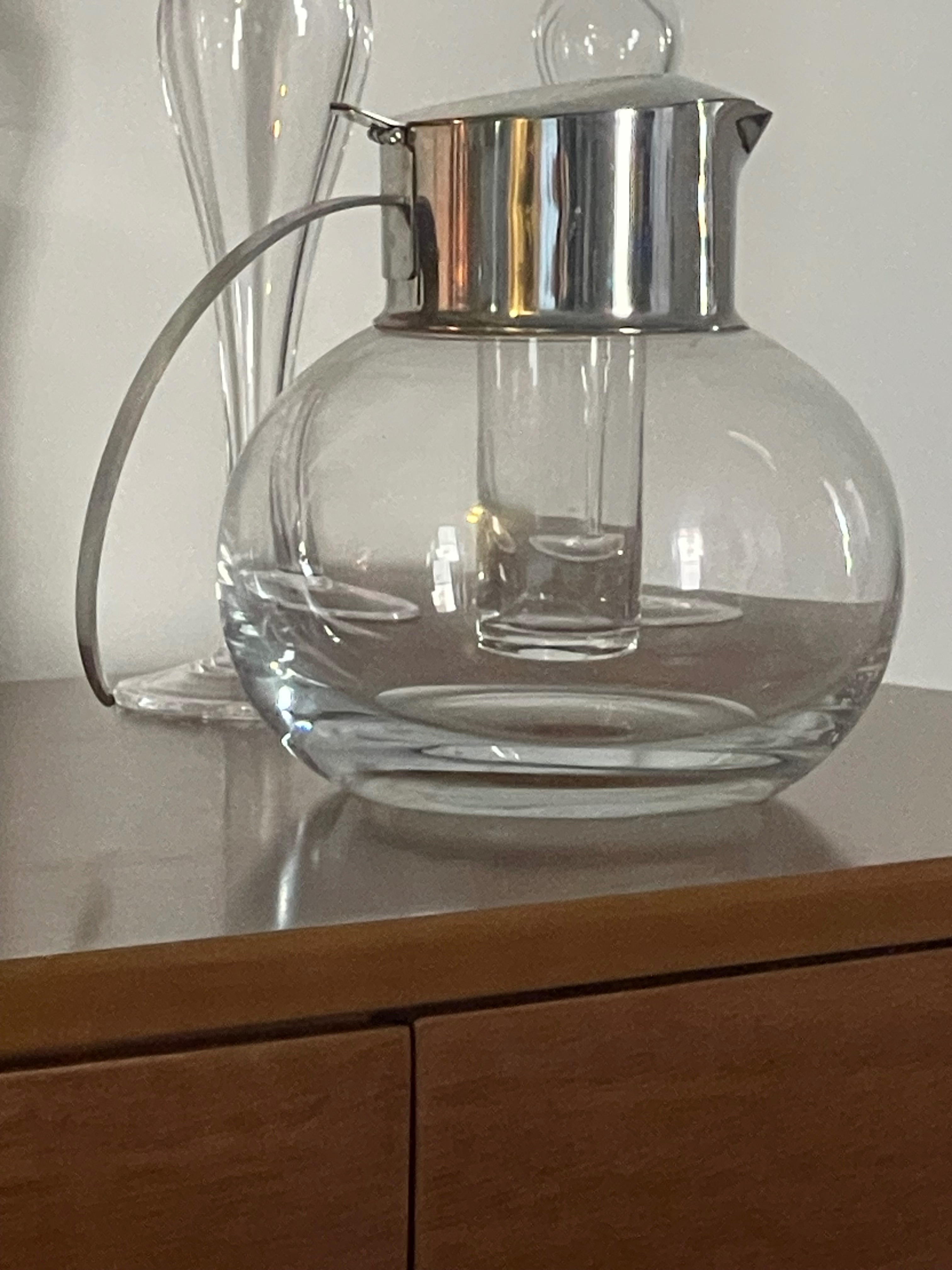 Vintage Lead Glass Carafe with Metal Lid and Ice Tube