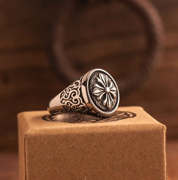 Men's Silver Tone Ornate Ring