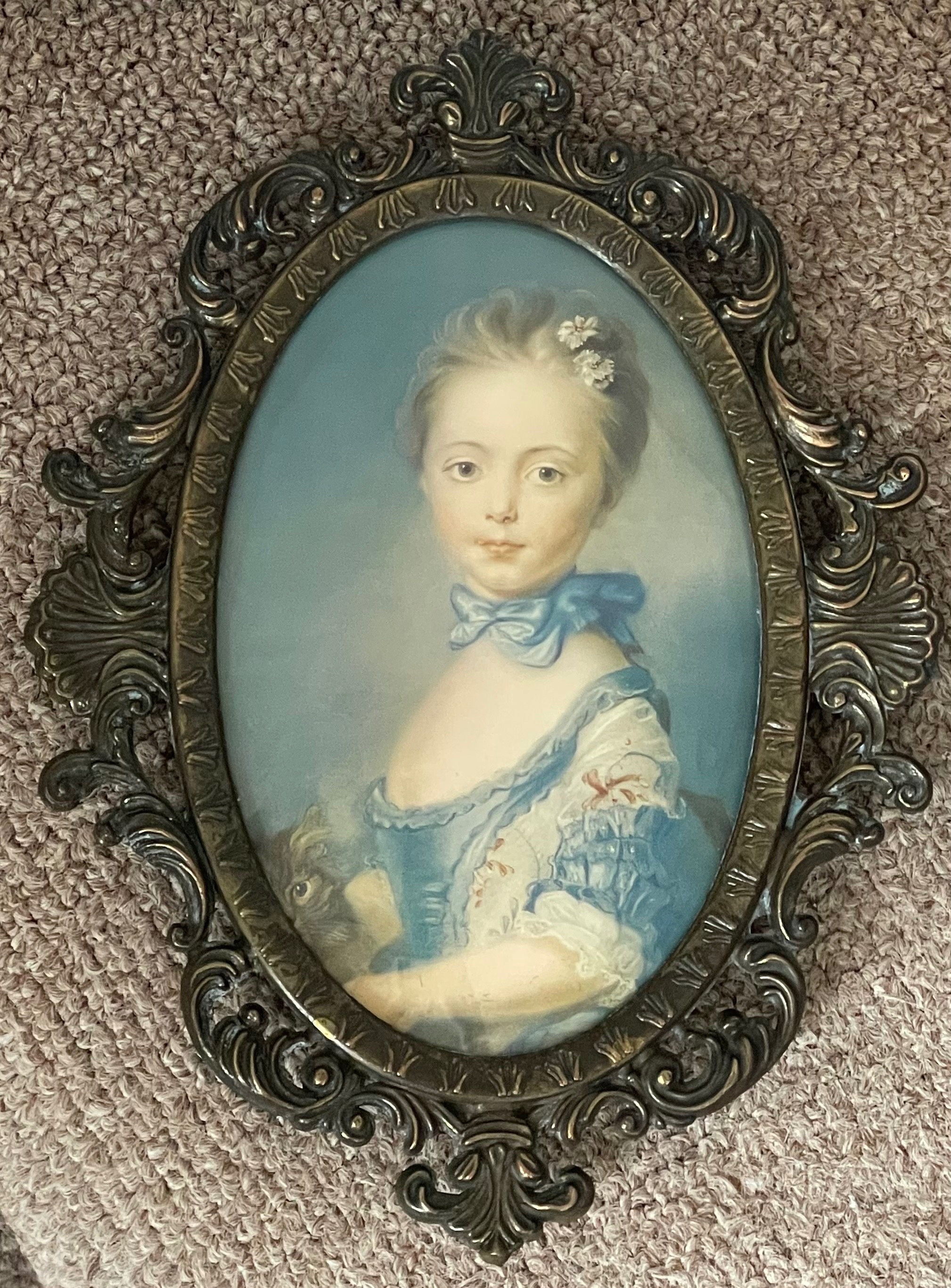 Vintage Italian Brass Portrait - Girl with a Kitten (8")