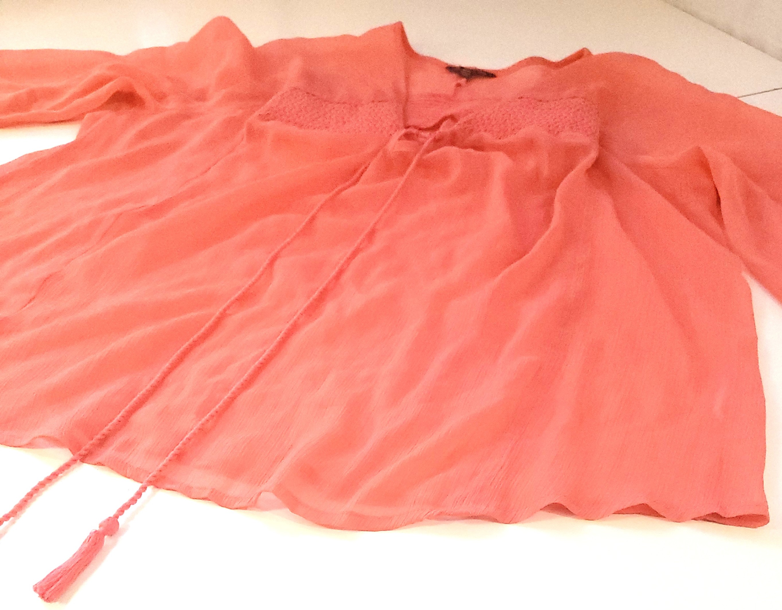 AMERICAN EAGLE Coral Pink Sheer Peasant Blouse XL Crochet Tassel - photo 5