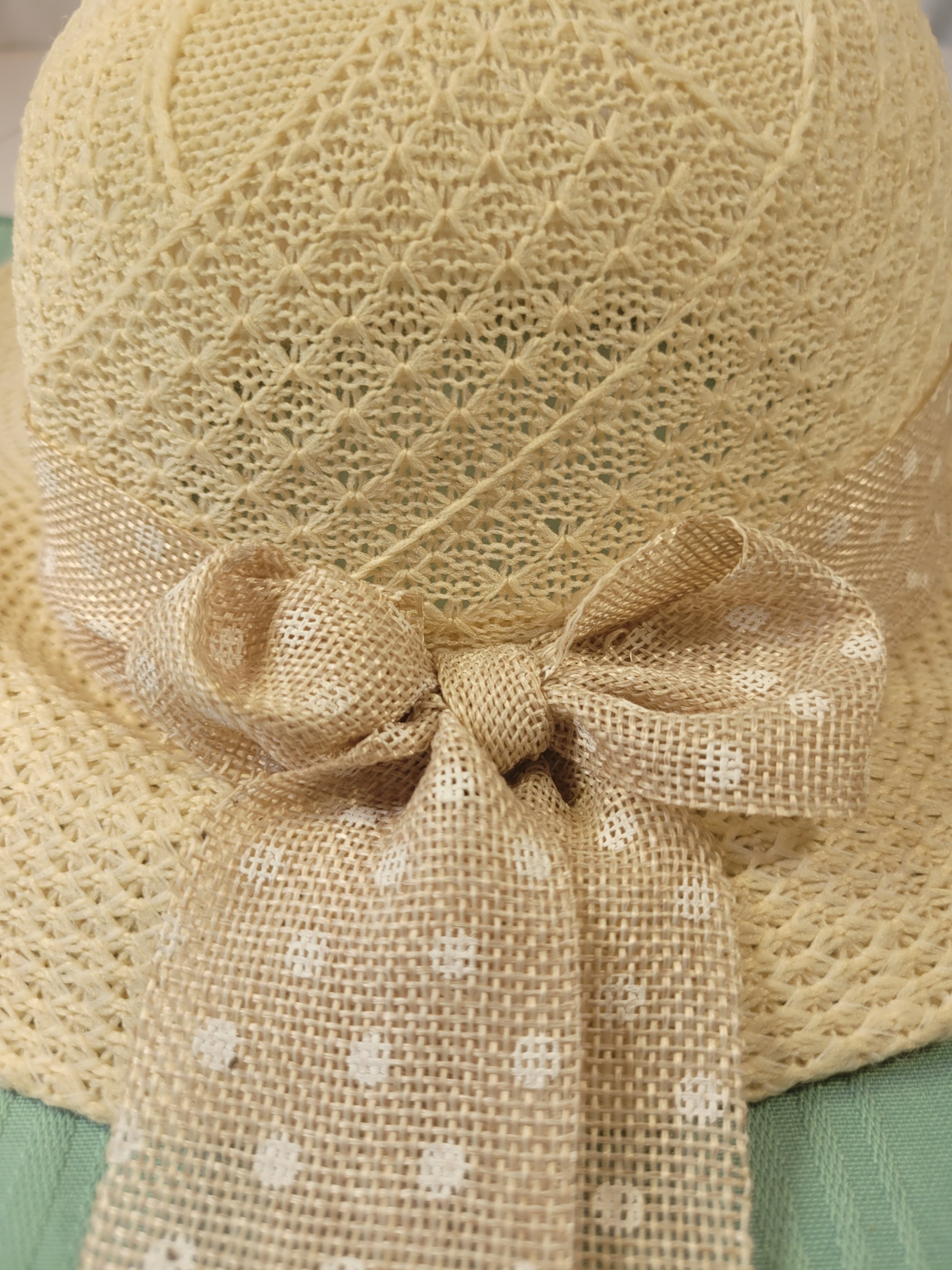 Circa 1990 Cream Open Crochet Knit Wide Brim Sun Hat Polka Dot - photo 4