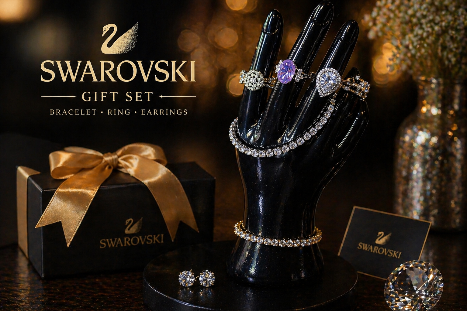 Swarovski Set Gold Silver Bracelets Stone Ring Stud Earrings NEW