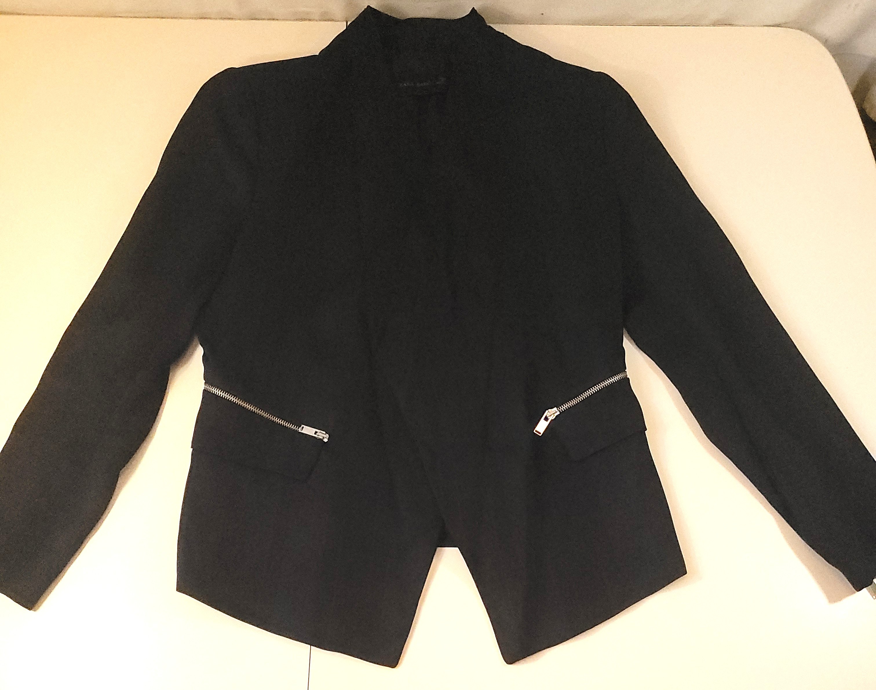 ZARA BASIC Navy Black Striped Asymmetric Blazer Jacket Zip - photo 2