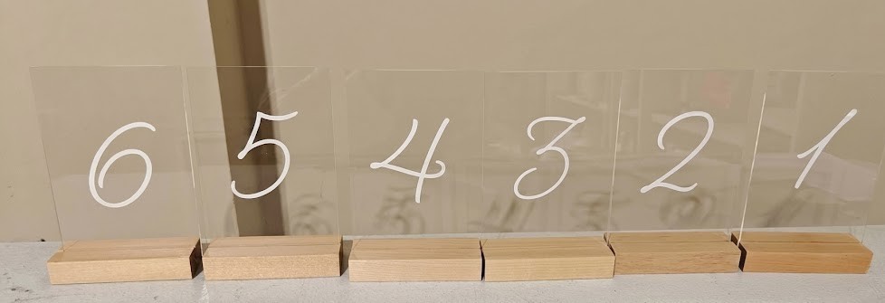 Set of 6 Acrylic Wedding Table Numbers with Wood Stands (1-6)