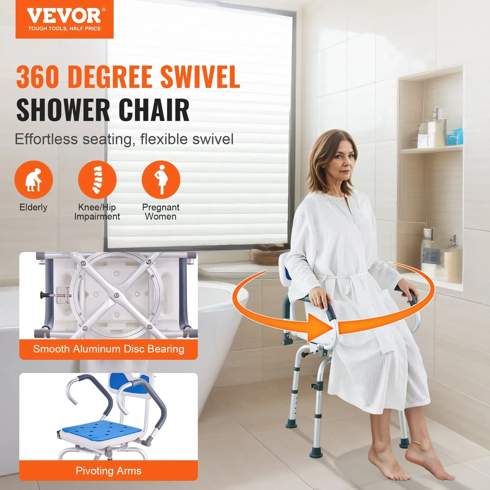 VEVOR 360 Degree Swivel Shower Chair with Armrests and Backrest