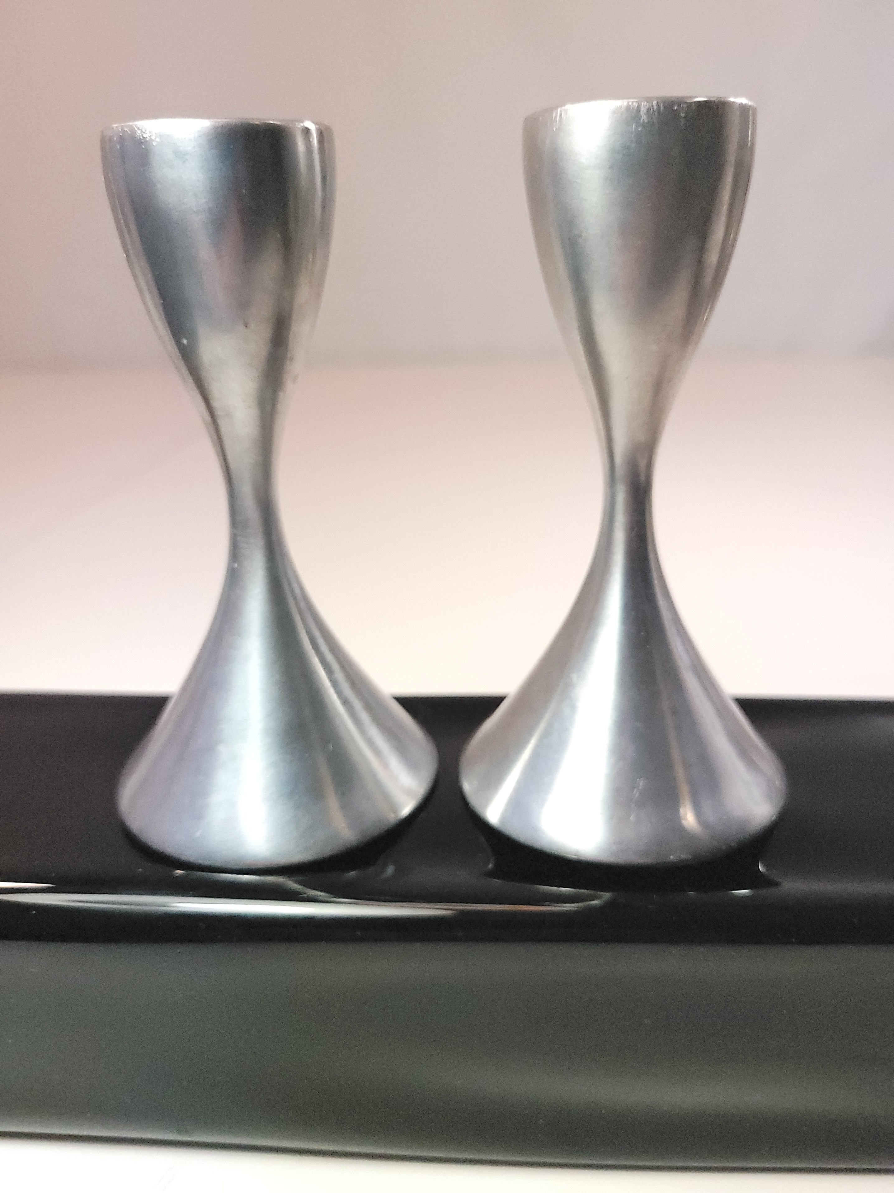 Pair Norwegian Pewter Candlesticks Hourglass Trumpet Form 1960s