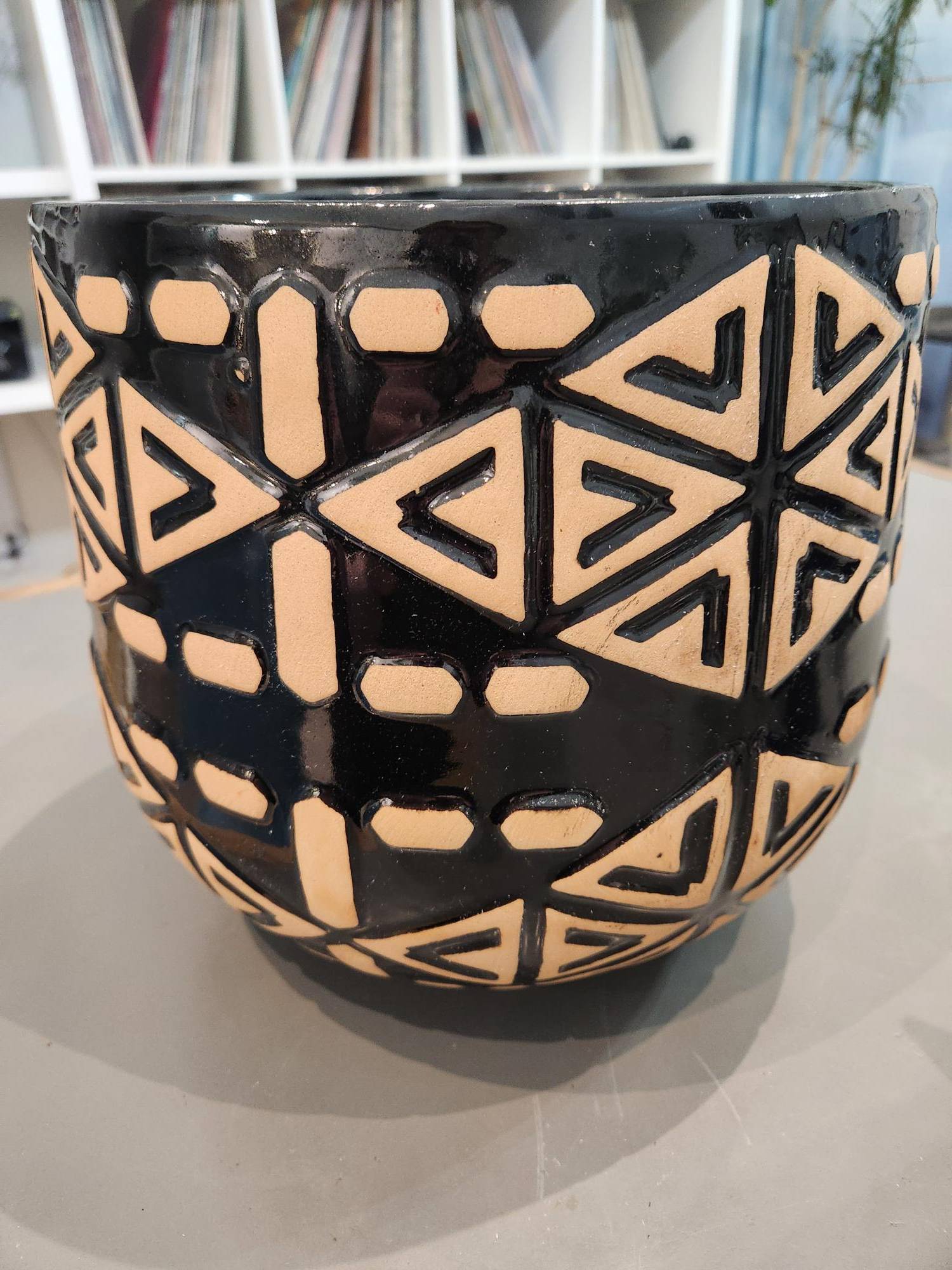 Large Terracotta Planter / Pot, Black Glazed Geometric Pattern