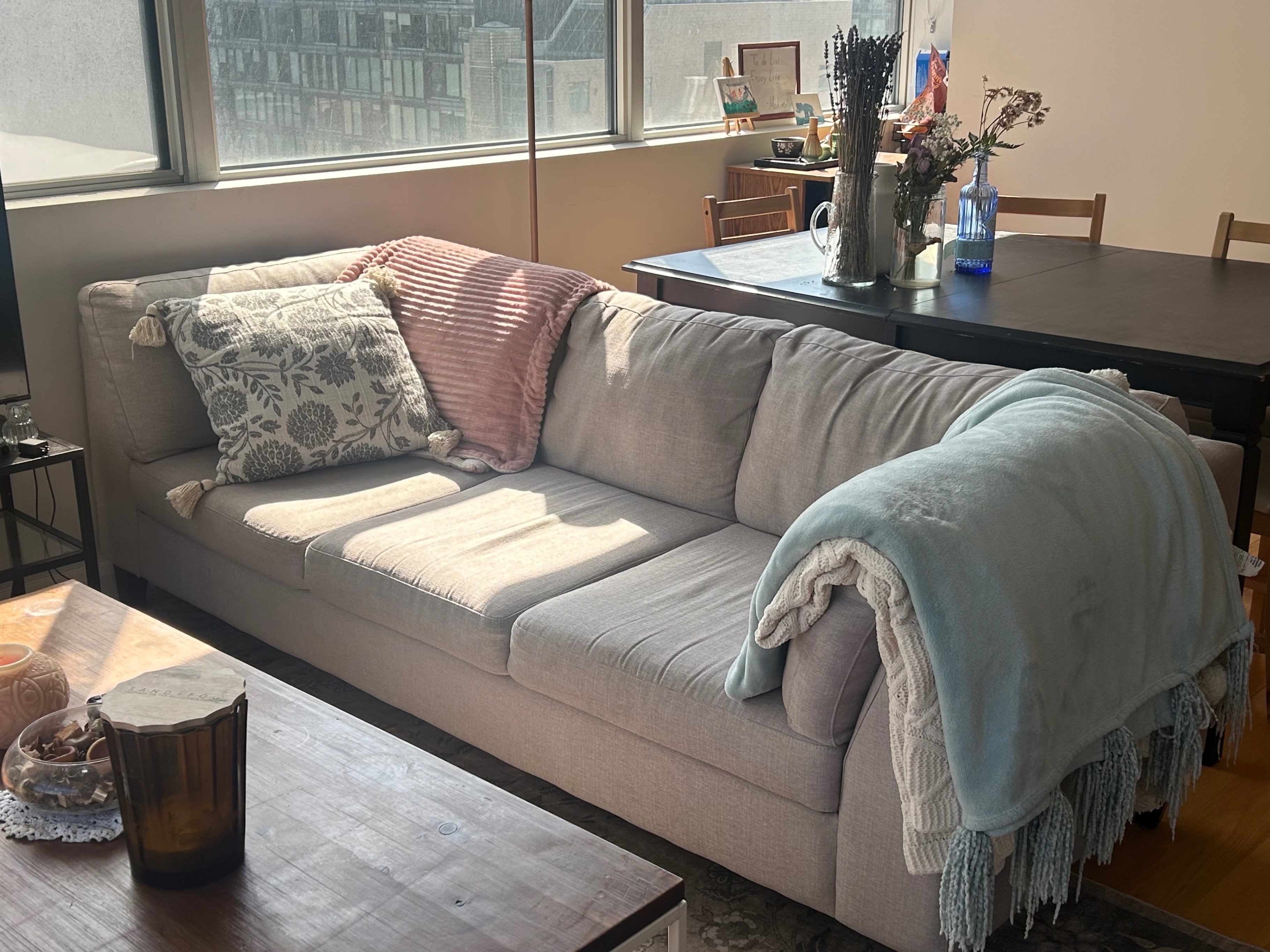 EQ3 Grey Couch + Boutique Throws & Decorative Pillow