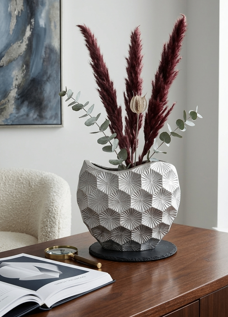 Textured Silver Geometric Vase