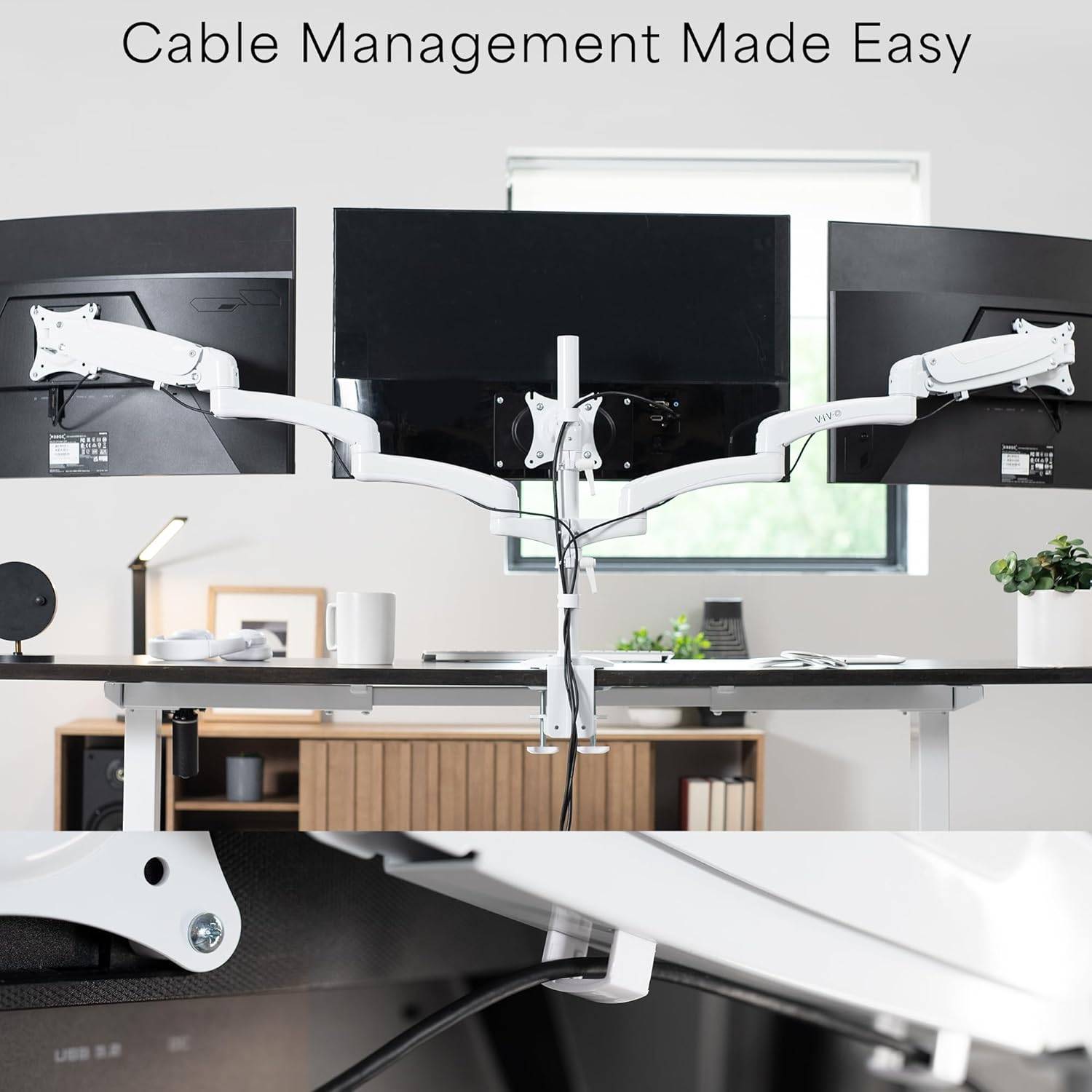 New VIVO White Triple Monitor Mount, 2 Pneumatic Arms + 1 Fixed - photo 3