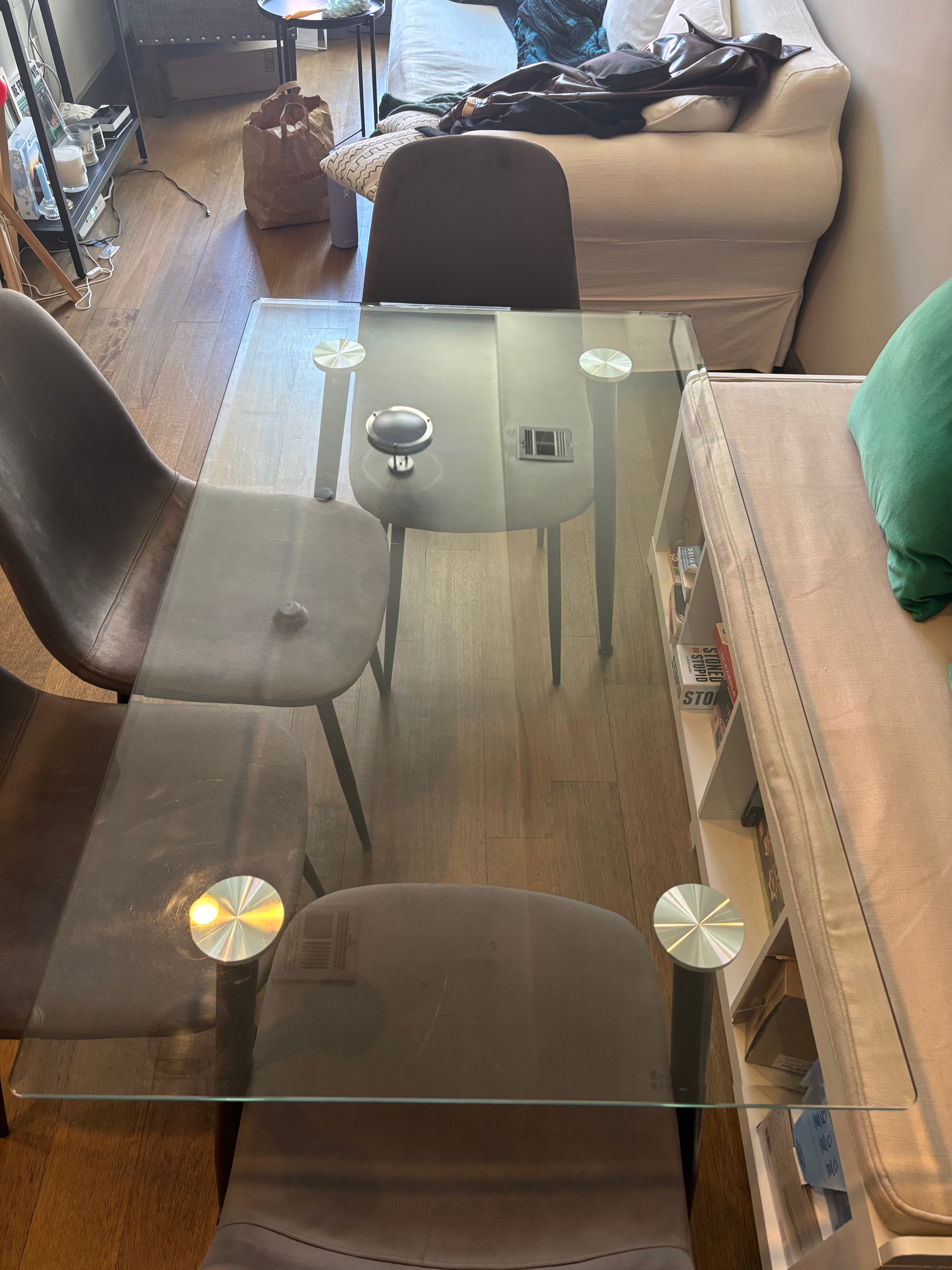 Glass Dining Table with 4 Gray Velvet Chairs - photo 4