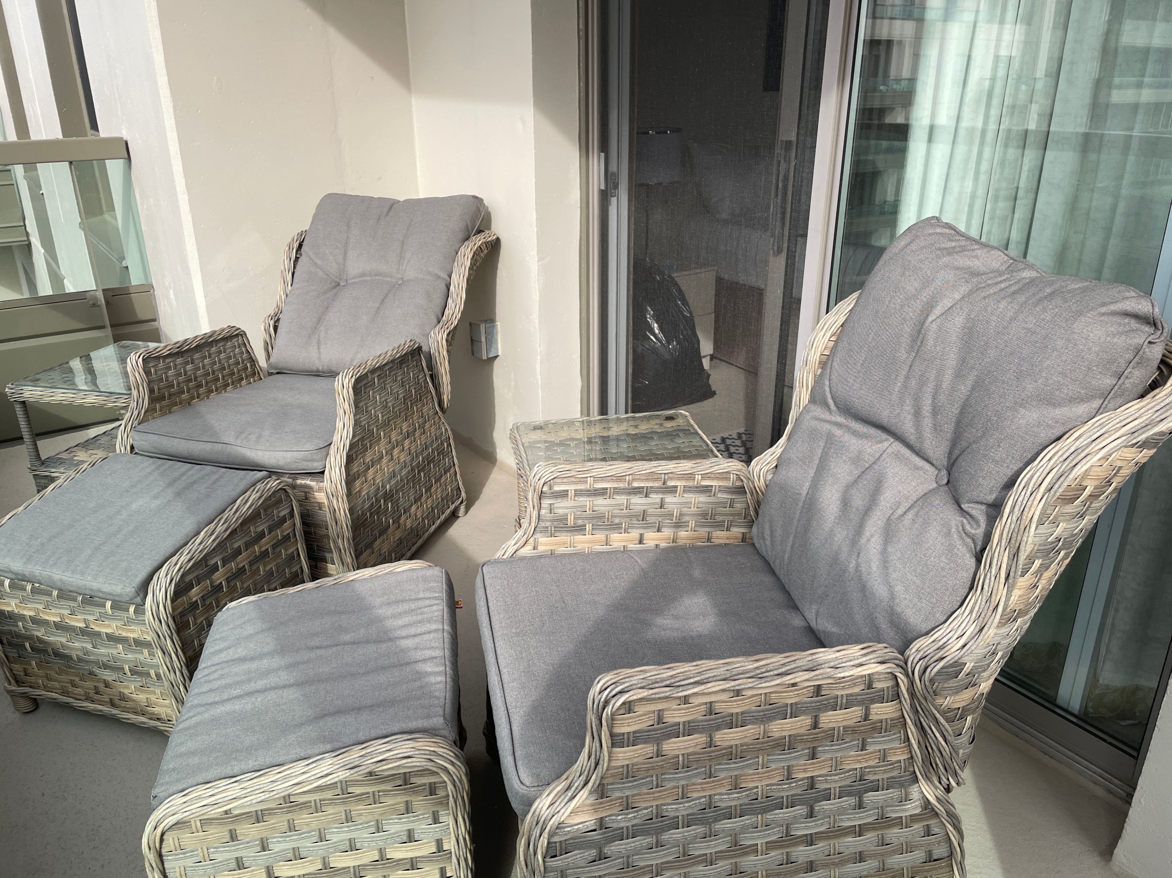 WICKER PATIO SET - Reclining chairs, ottomans, glass side tables