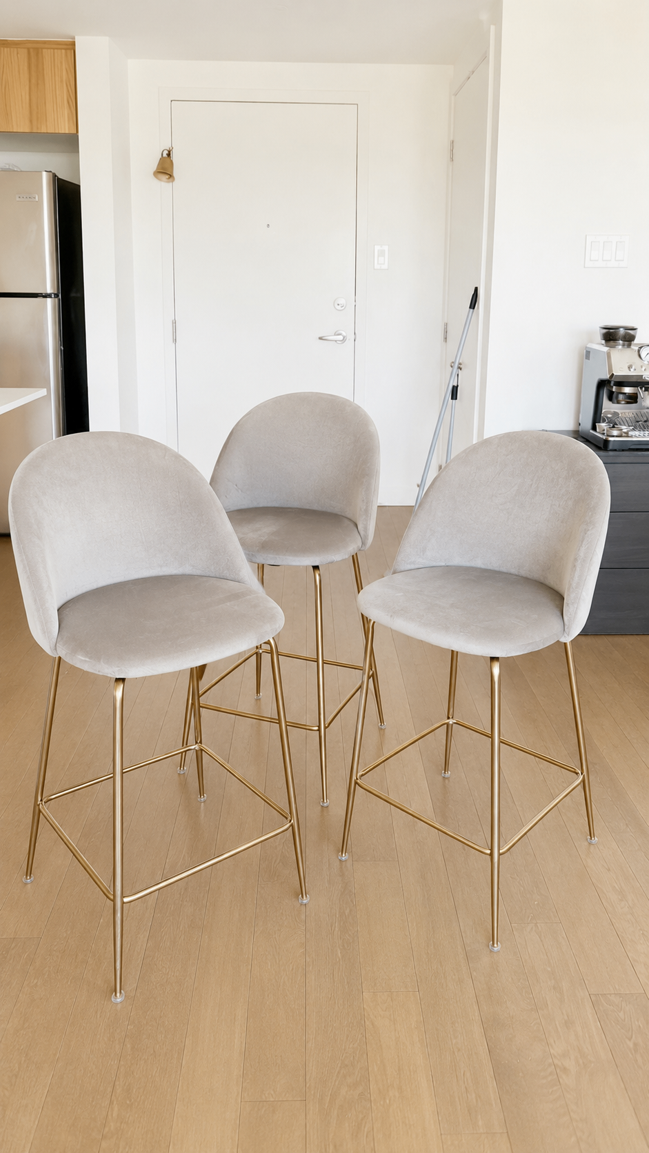 Set of 3 Grey Velvet Bar Stools with Gold Legs - photo 2