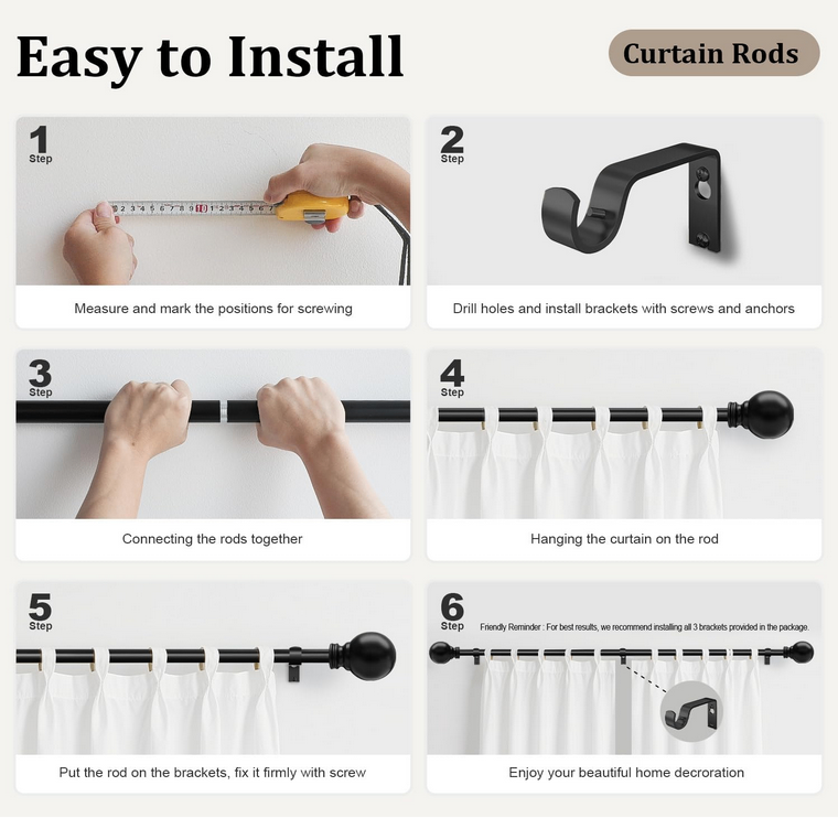 Heavy Duty Black Curtain Rods 72–144” – New - photo 4