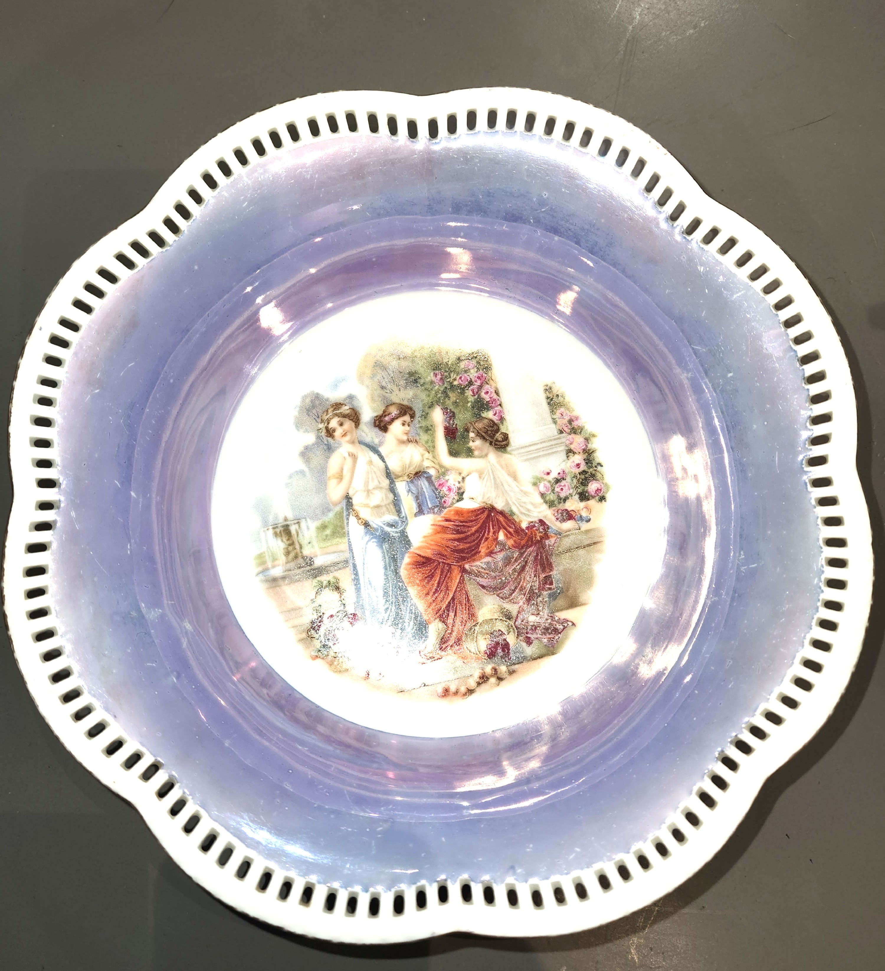 Schumann Bavaria Reticulated Bowl, "Three Graces," Blue Luster