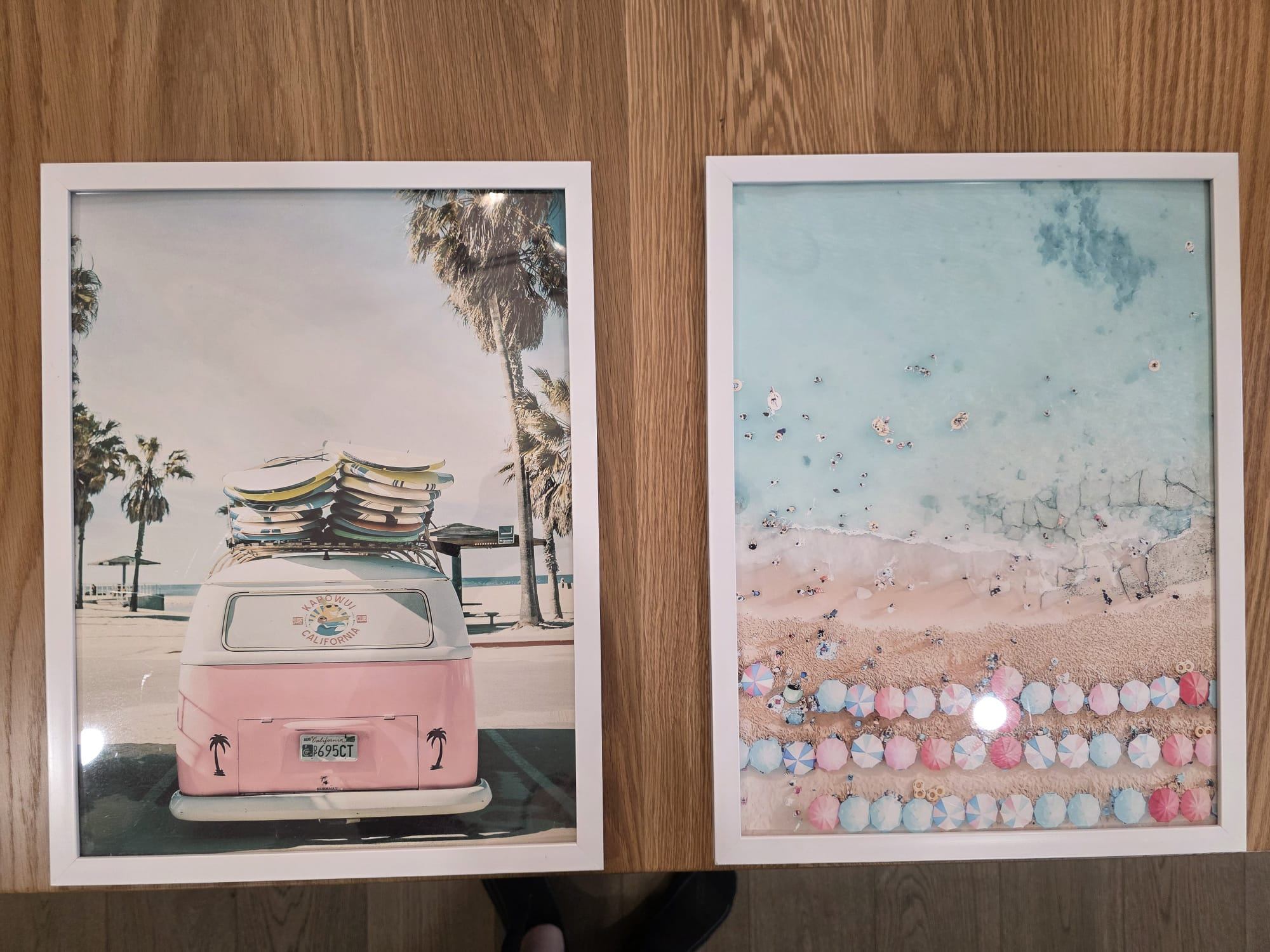 Set of 2 Framed Coastal Wall Art Prints - Beach & Pink Surf Van