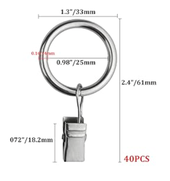 40 Curtain Rings with Clips, Silver - New - photo 2