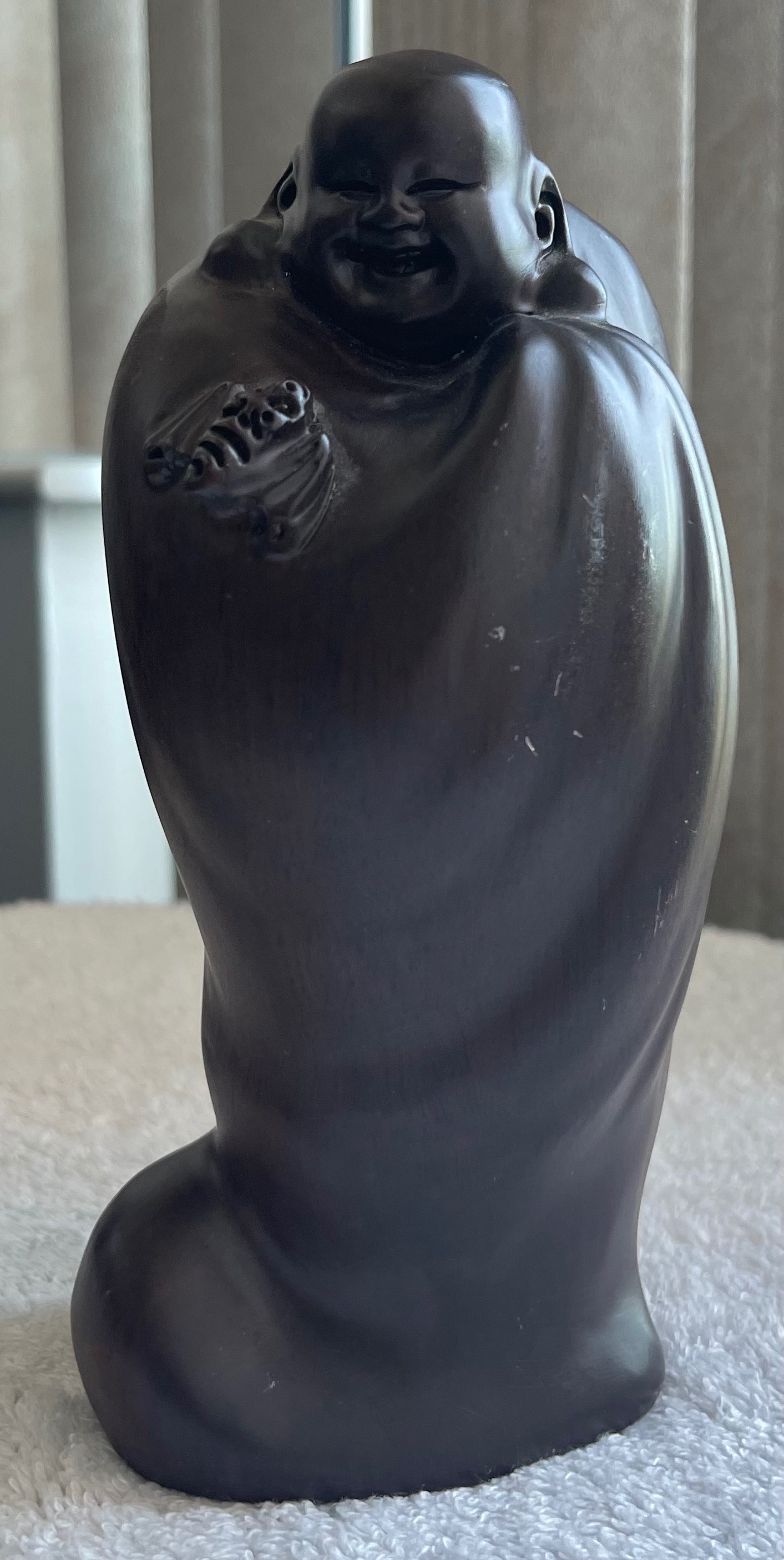 Vintage Hand-Carved Wooden Laughing Buddha (7")