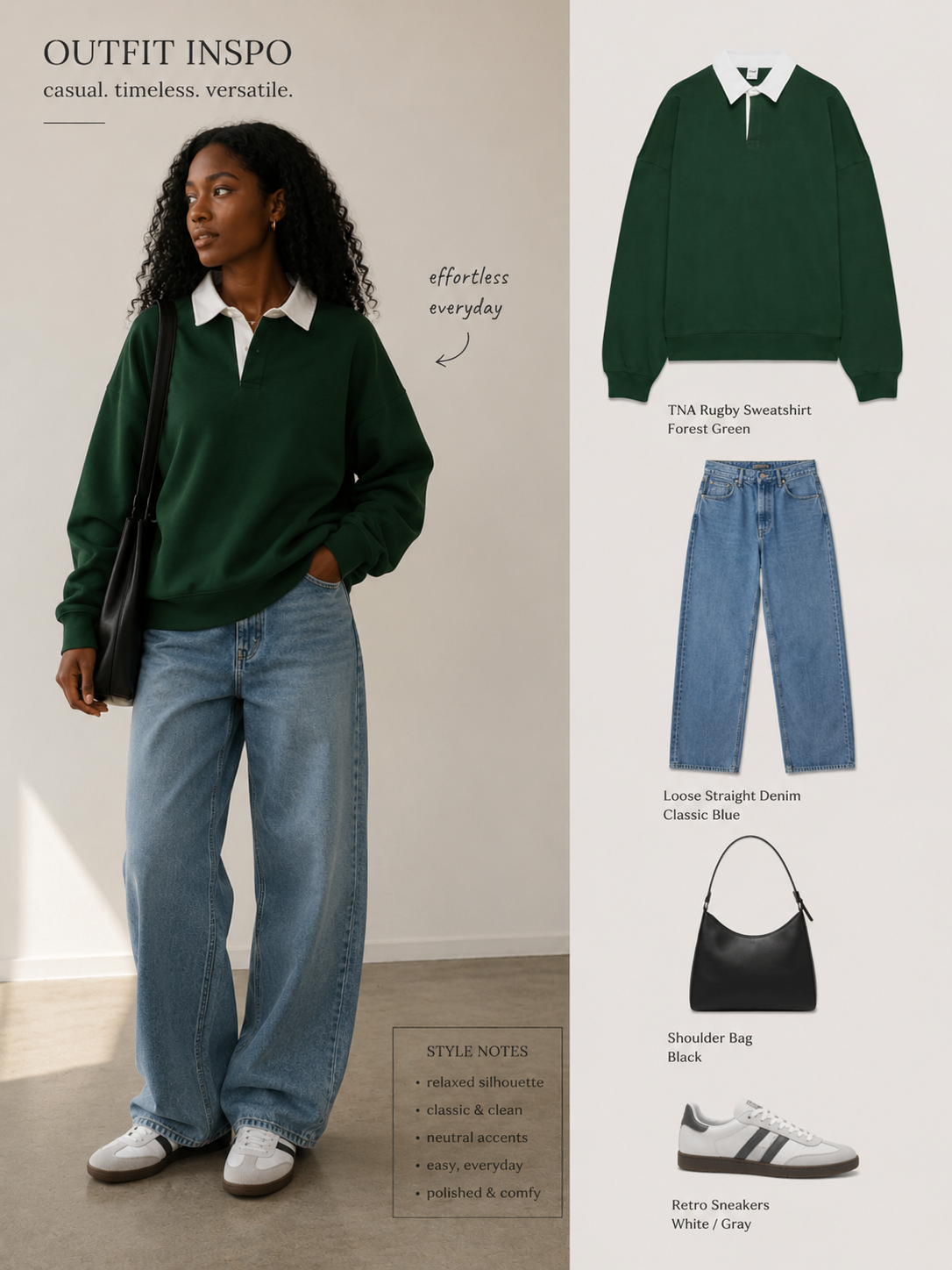 Aritzia TNA Oversized Rugby Sweatshirt - Forest Green (Size M)
