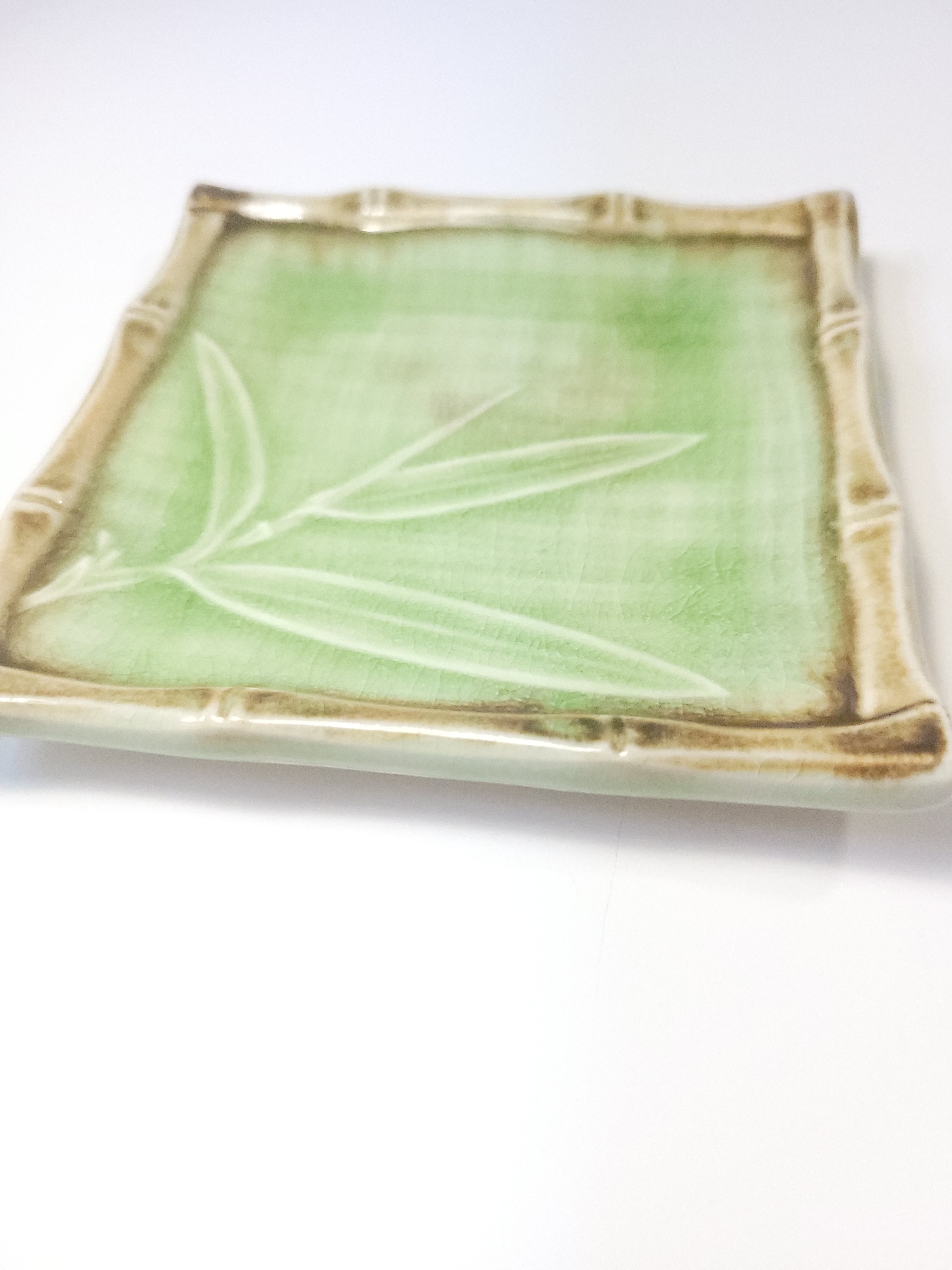 1970s Japan Celadon Green Ceramic Square Faux Bamboo Dish - photo 2