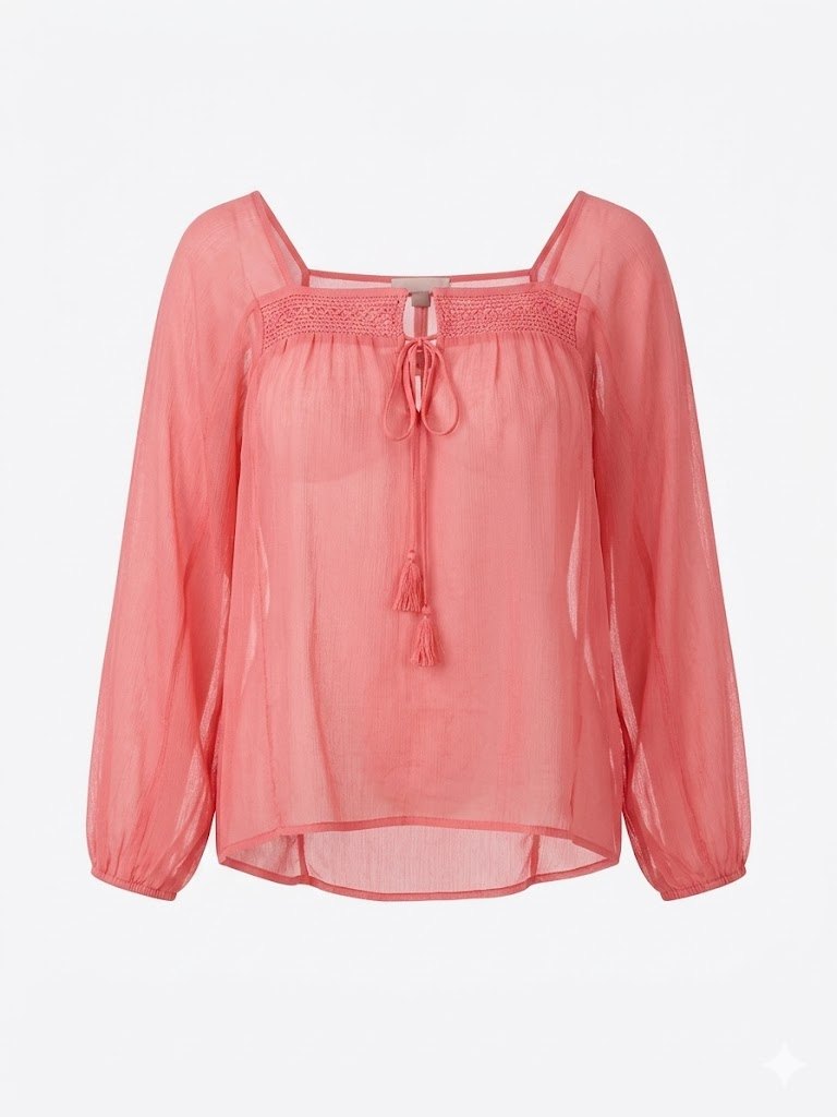 AMERICAN EAGLE Coral Pink Sheer Peasant Blouse XL Crochet Tassel