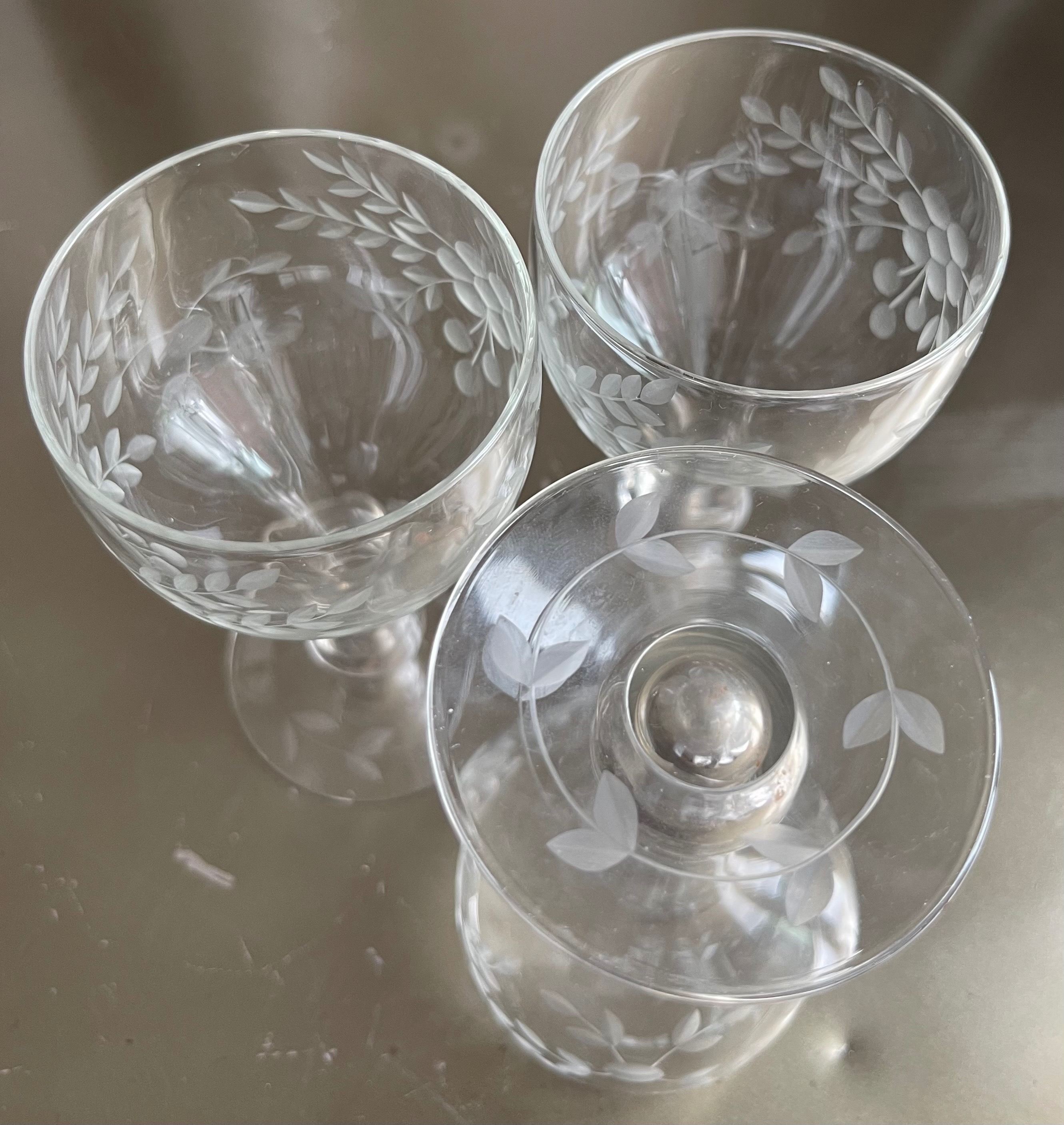 3 Vintage Hollow Stem Etched Champagne Glasses - photo 3
