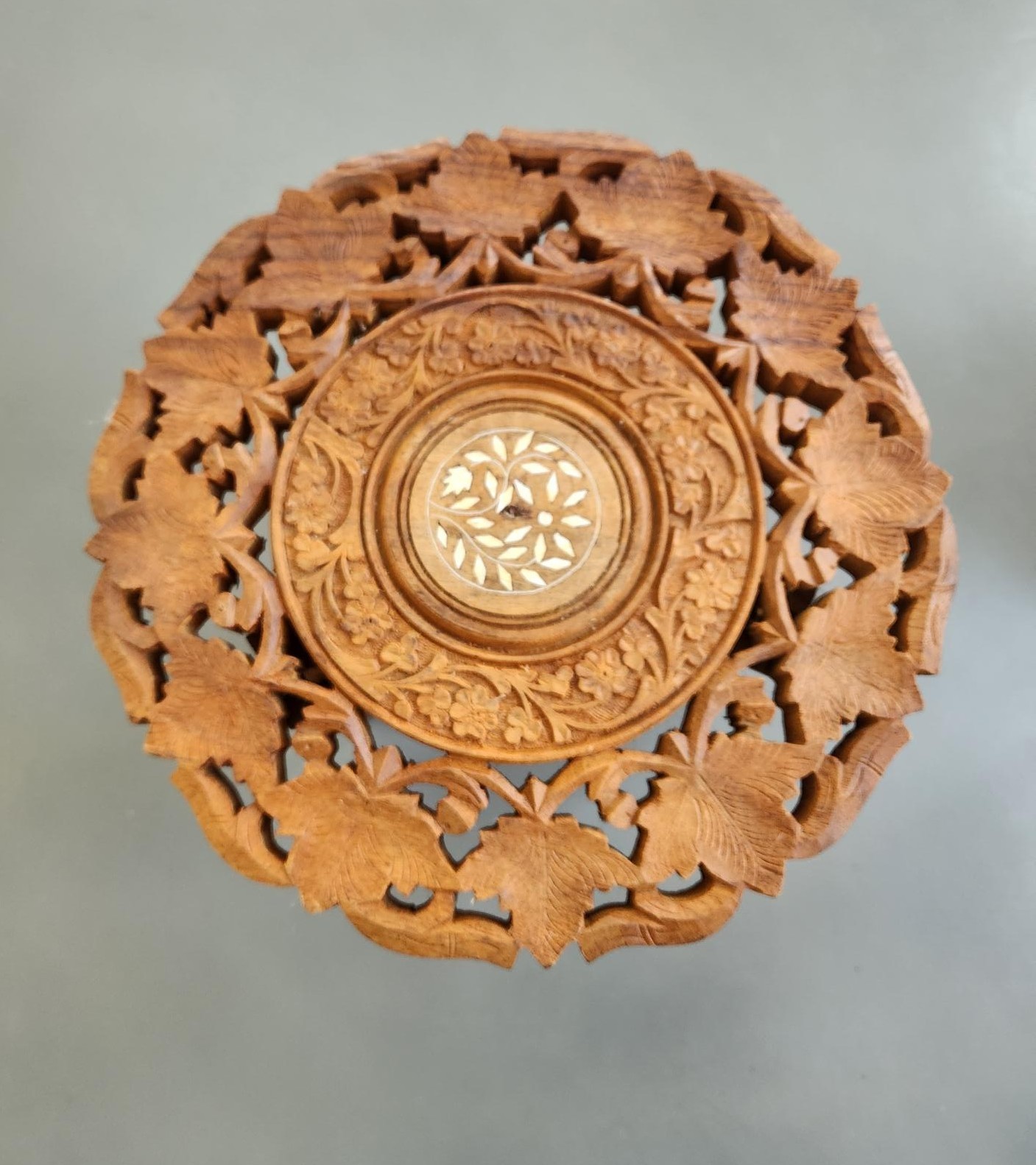 Vintage Indian Hand-Carved Teak Wood Folding Side Table